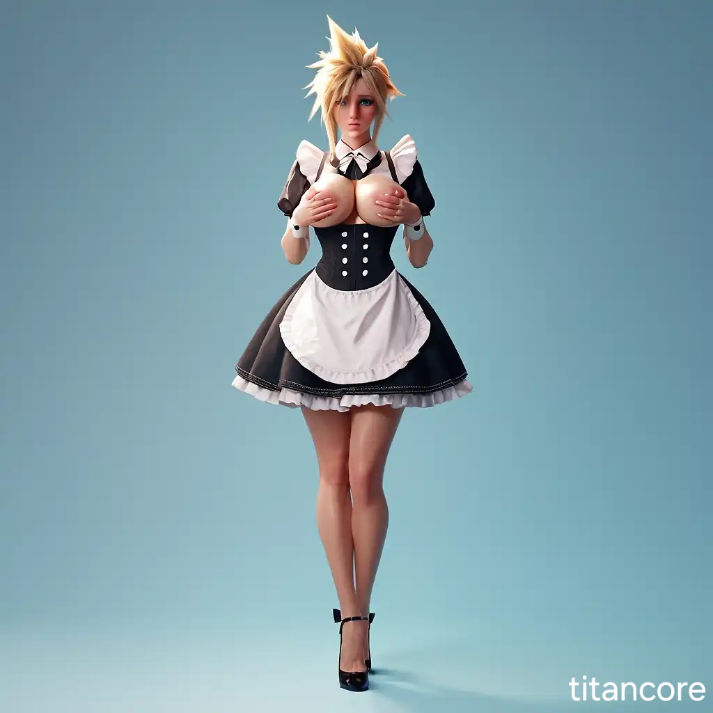 (titancore), 1girls, 3d, ai generated, breasts, cloud strife, cloudette strife, female, final fantasy vii, genderswap, holding, holding breast, maid, rule 63, shy, spiky hair, transformation, video game character