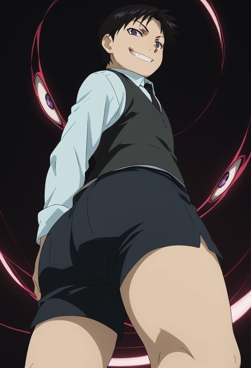 1boy ai_generated ass big_ass black_hair evil_smile focus_on_ass from_below fullmetal_alchemist_brotherhood homunculus open_legs pride_(fullmetal_alchemist) purple_eyes room selim_bradley short_hair shorts solo thighs