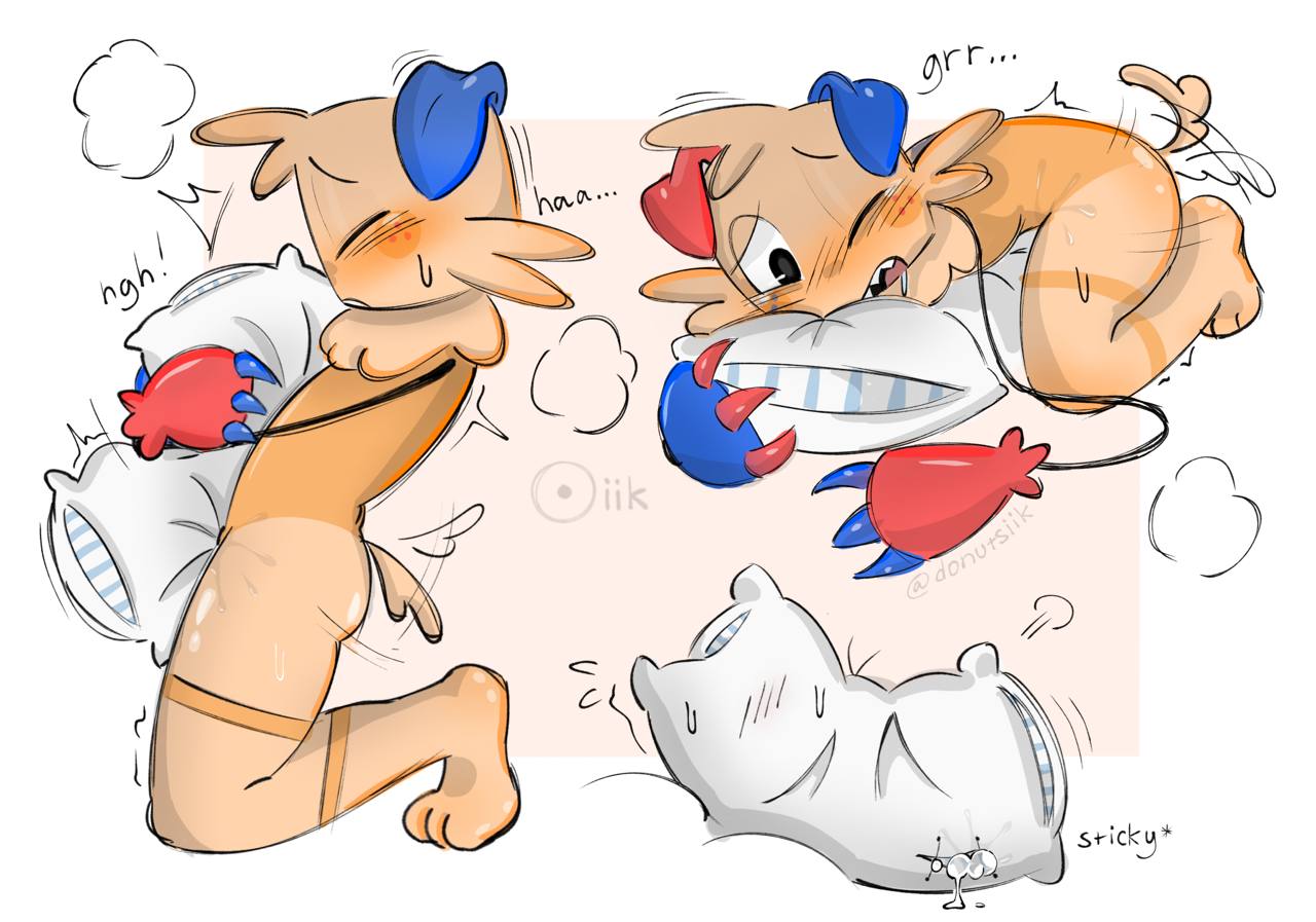 1boy, 1male, blush, blush lines, blushing, blushing pillow, dandy's world, donutsiik, drool, drooling, ears down, goob (dandy's world), growling, humping, humping pillow, male, male only, oozing cum, pillow, pillow grab, pillow humping, pillow sex, sentient pillow, solo, tail, wagging, wagging tail