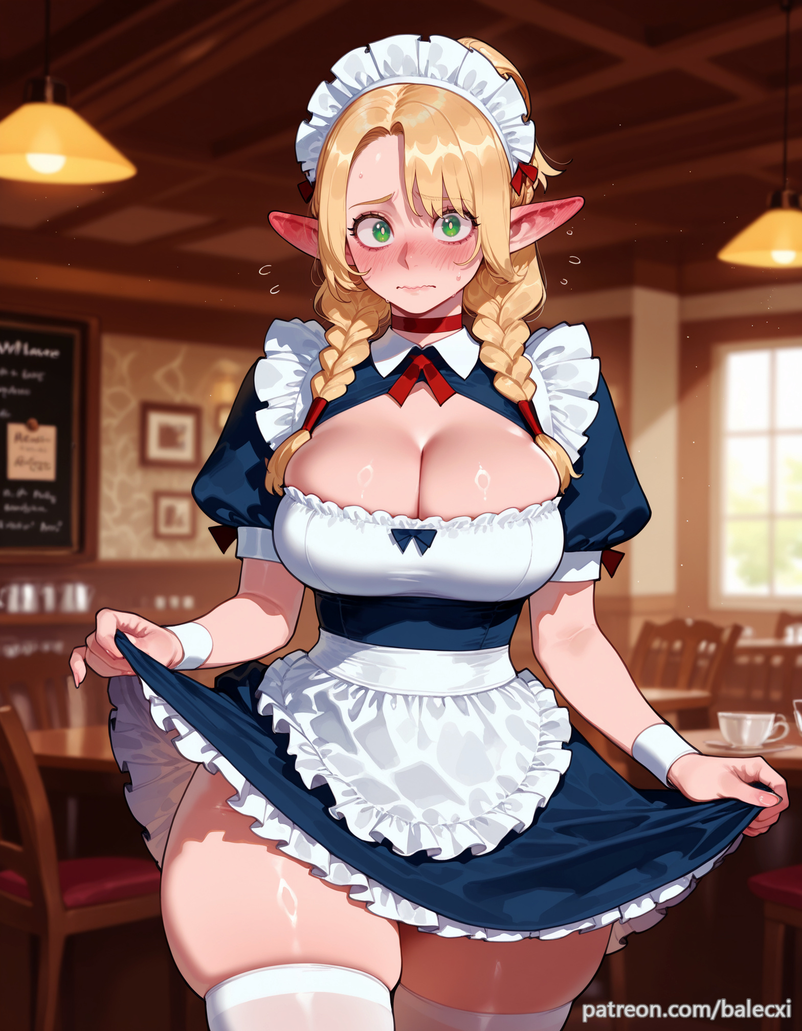 ai generated, apron, balecxi, blonde hair, blurry, blurry background, blush, braid, breasts, cafe, choker, cleavage, clothes lift, delicious in dungeon, dress, dungeon meshi, elf, female, green eyes, indoors, large breasts, long hair, looking at viewer, maid, maid headdress, marcille donato, pointy ears, puffy short sleeves, short sleeves, skindentation, solo, thighs, twin braids, white thighhighs