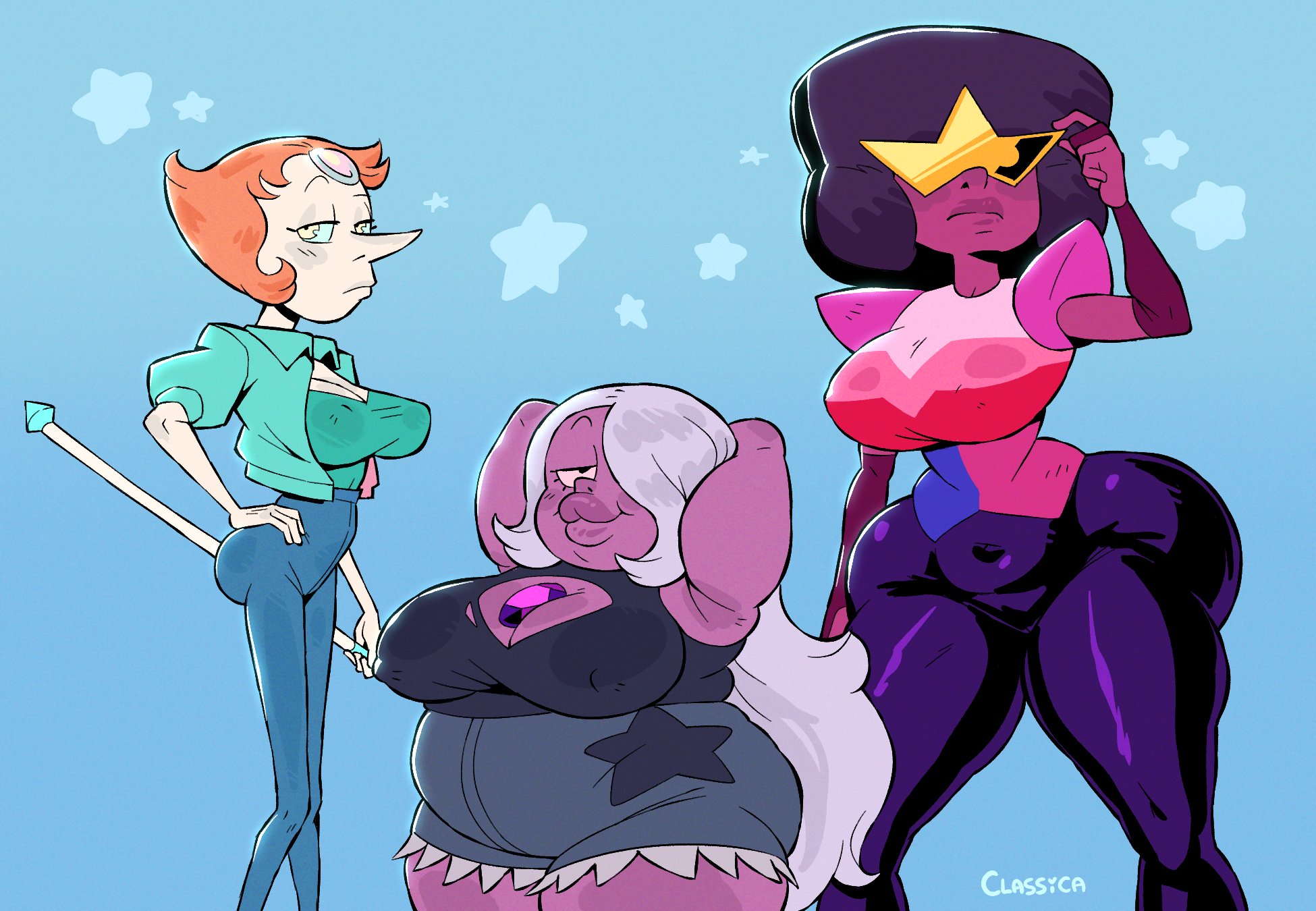 3girls, afro, amethyst (steven universe), big ass, bodysuit, breasts, classica p, cleavage cutout, clothed, fat, fat female, female, female focus, female only, garnet (steven universe), high-waist pants, large breasts, lips, no nude, non nude, orange hair, pearl (steven universe), purple skin, safe, safe for work, sfw, steven universe, sunglasses, thick thighs, white skin, wide hips