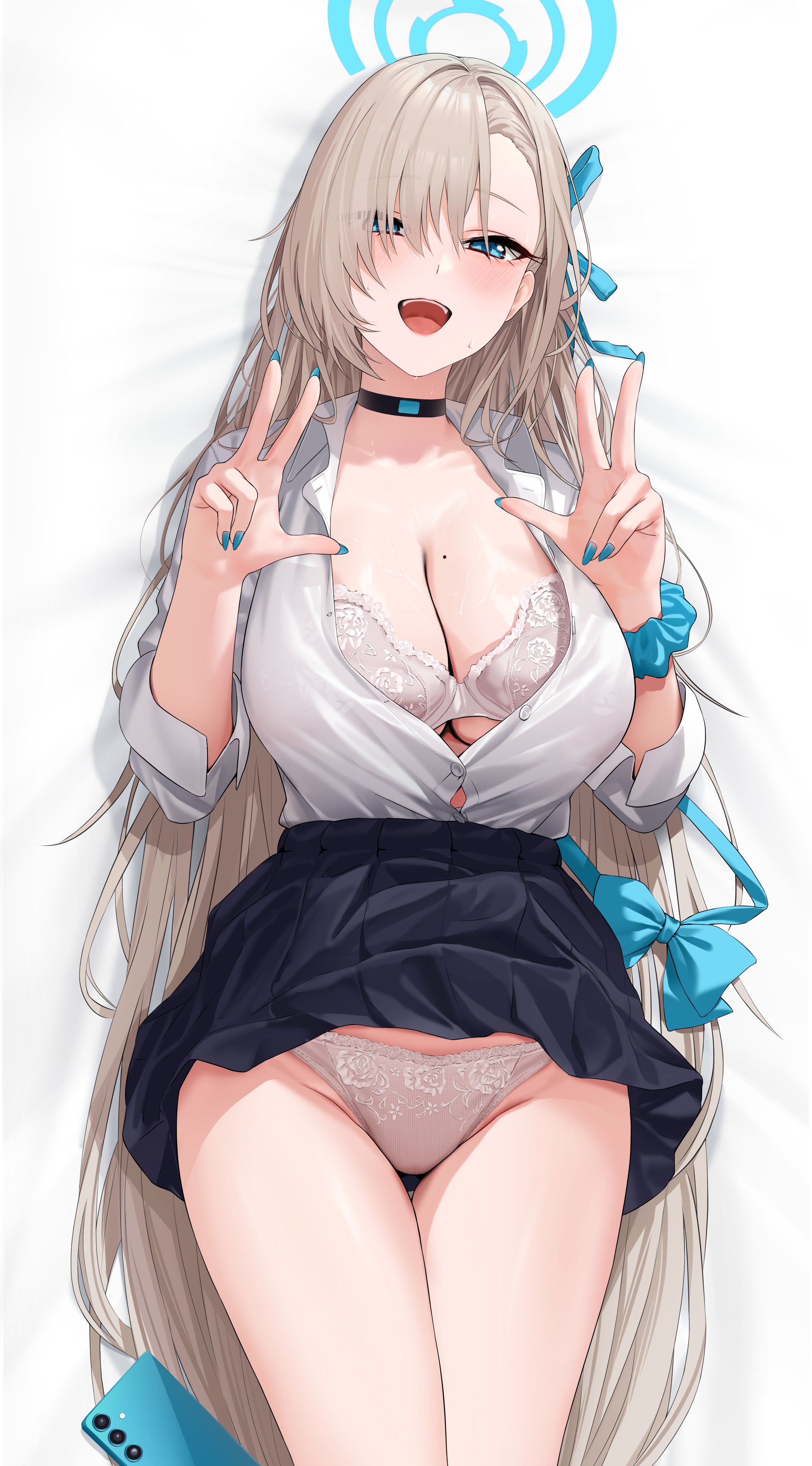 1girls, absurdres, asuna (blue archive), asuna (school uniform) (blue archive), black choker, black skirt, blonde hair, blue archive, blue bow, blue eyes, blue nails, blue wrist cuffs, blush, bow, bra, breasts, choker, cleavage, collared shirt, female, frilled wrist cuffs, frills, halo, highres, lace, lace bra, large breasts, lingerie, long hair, looking at viewer, mole, mole on breast, official alternate costume, open clothes, open mouth, open shirt, pleated skirt, school uniform, shirt, single wrist cuff, skirt, skirt lift, solo, thighs, underwear, very long hair, w, wanne, white shirt, wrist cuffs