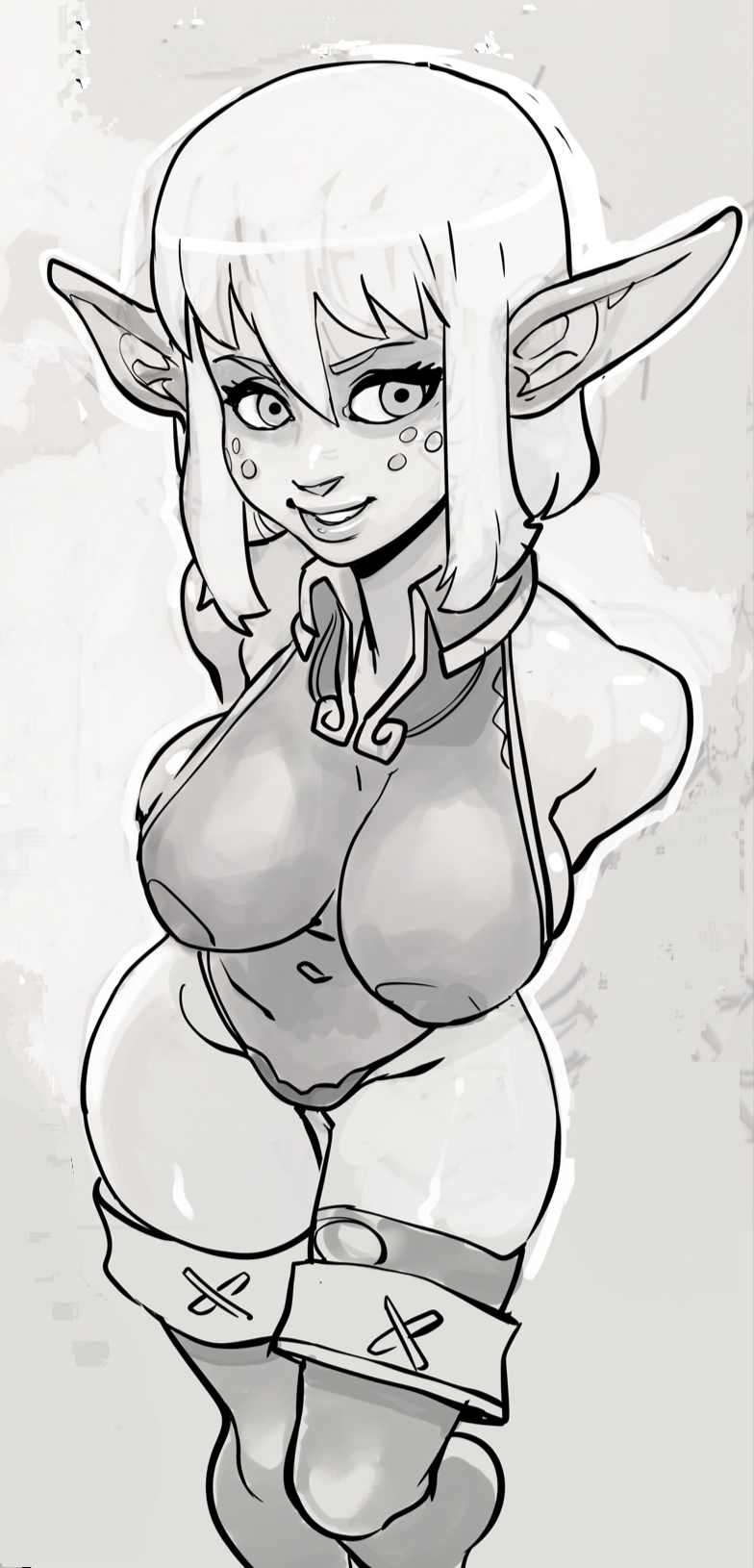 almost naked, almost nude, ankama, athletic, athletic female, big breasts, big lips, breasts, child bearing hips, cra, edit, edited, elf ears, elf female, elf girl, evangelyne, female, freckles, jjfrenchie, joel jurion, looking at viewer, looking up, monochrome, nipples, nipples visible through clothing, posing for the viewer, shoulders, thick thighs, wakfu, whore eyes