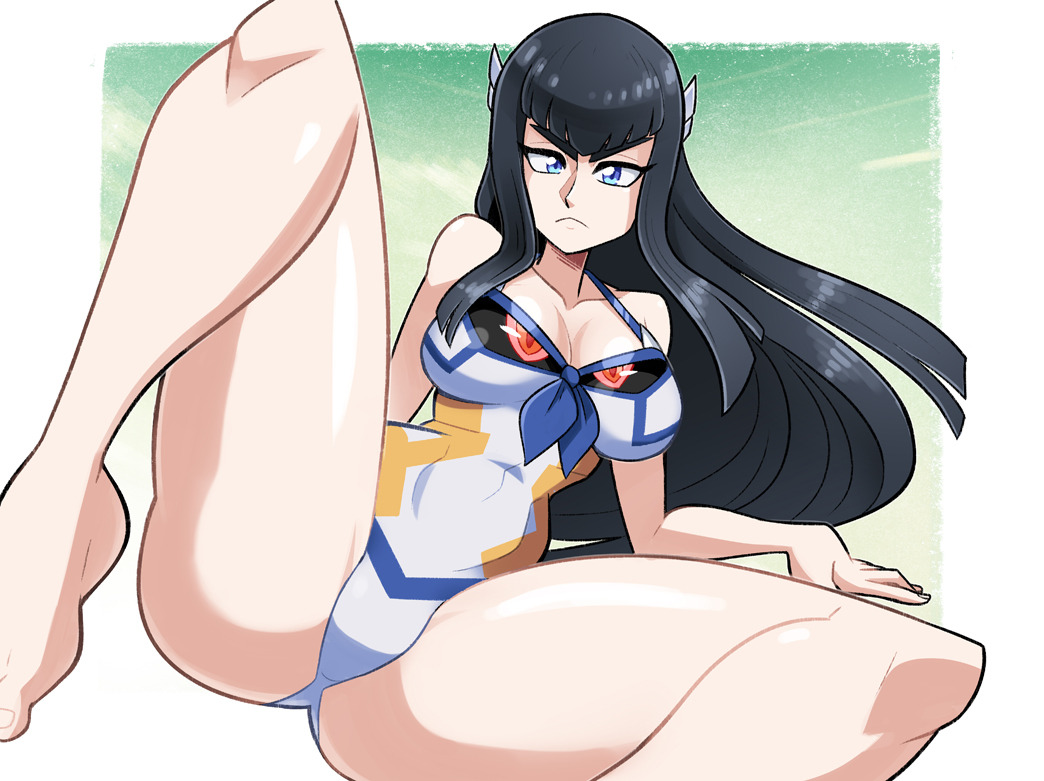 breasts cleavage datskelebutt female female_only itsdatskelebutt kill_la_kill kiryuuin_satsuki looking_at_viewer one-piece_swimsuit solo spread_legs swimsuit tagme