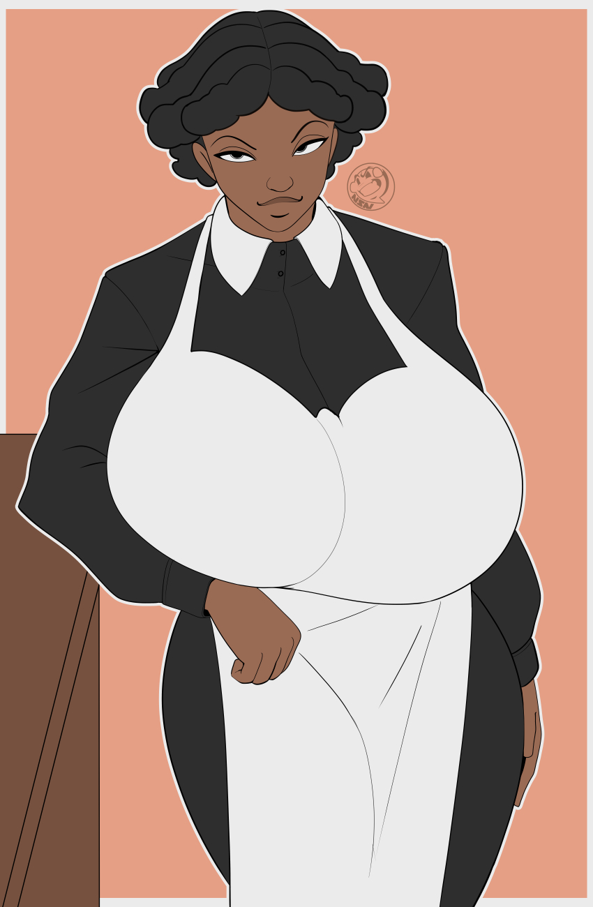 1girls african african_female apron big_breasts black_eyes black_hair breasts clothing dark-skinned_female dark_skin female female_only huge_breasts looking_at_viewer maid neozoa nz_naughty simple_background sister_krone solo the_promised_neverland wide_hips