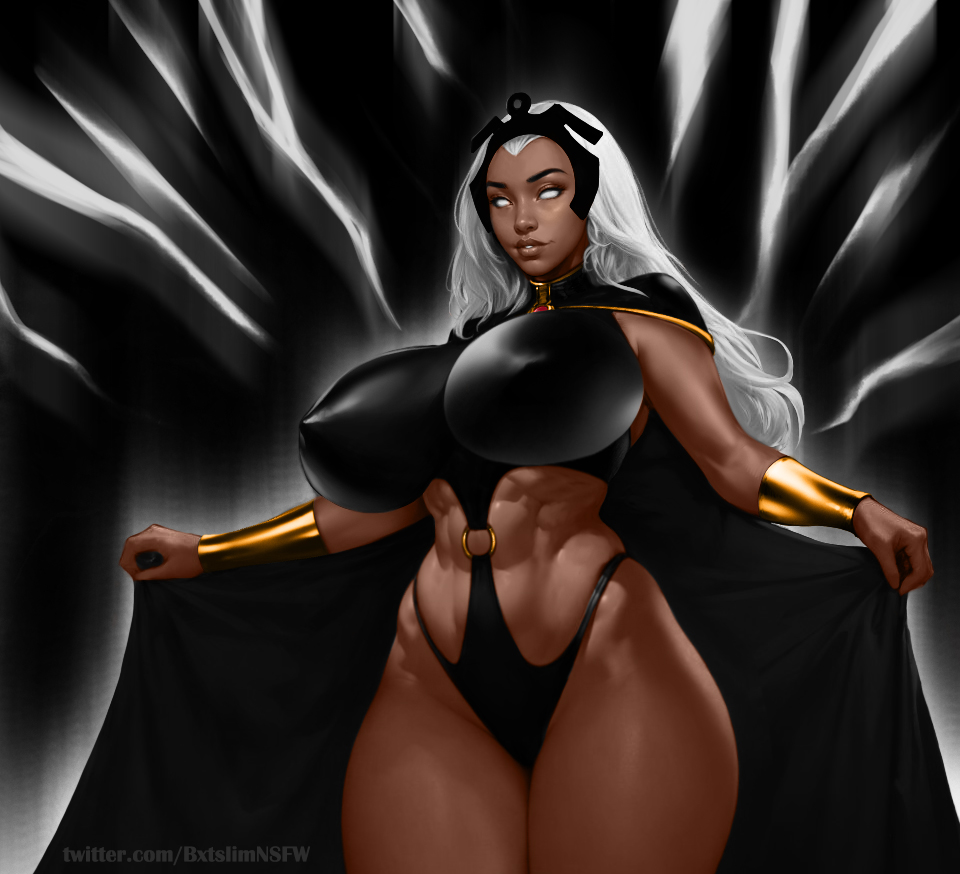 abs, african, african female, black hair, botslim, bracer, breasts, cape, clothing, covered nipples, curvaceous, curvy, dark skin, dark-skinned female, female, female only, highleg, huge breasts, impossible clothes, jewelry, large breasts, lips, long hair, looking at viewer, marvel, marvel comics, multicolored hair, muscles, muscular, muscular female, navel, nose, o-ring, smile, solo, standing, storm (x-men), superhero, thick thighs, thighs, two-tone hair, underwear, vambraces, white eyes, white hair, wide hips, x-men