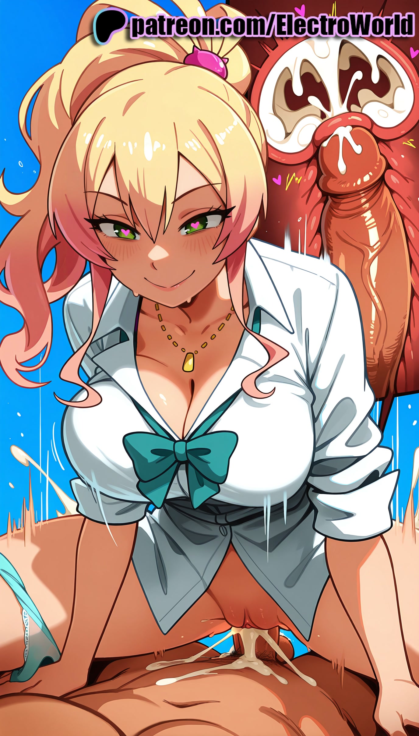 1boy, 1girls, 2025, ai generated, artist name, blonde hair, blush, bottomless, breasts, bust, cervix, chest, cleavage, clothed sex, cock, cowgirl position, cross section, cum, cum in pussy, day, deep penetration, dick, ejaculation, electroworld, female, female on top, fucking, green eyes, hajimete no gal, heart, heart-shaped pupils, hi res, high quality, high resolution, highres, intercourse, internal cumshot, love making, male, overflow, panties, panties around one leg, patreon, patreon username, penetration, penis, pussy, riding, school uniform, sex, sex from behind, sexual intercourse, shirt, smile, solo focus, stable diffusion, straddling, straight, symbol-shaped pupils, uncensored, underwear, uterus, vaginal penetration, watermark, x-ray, yame yukana