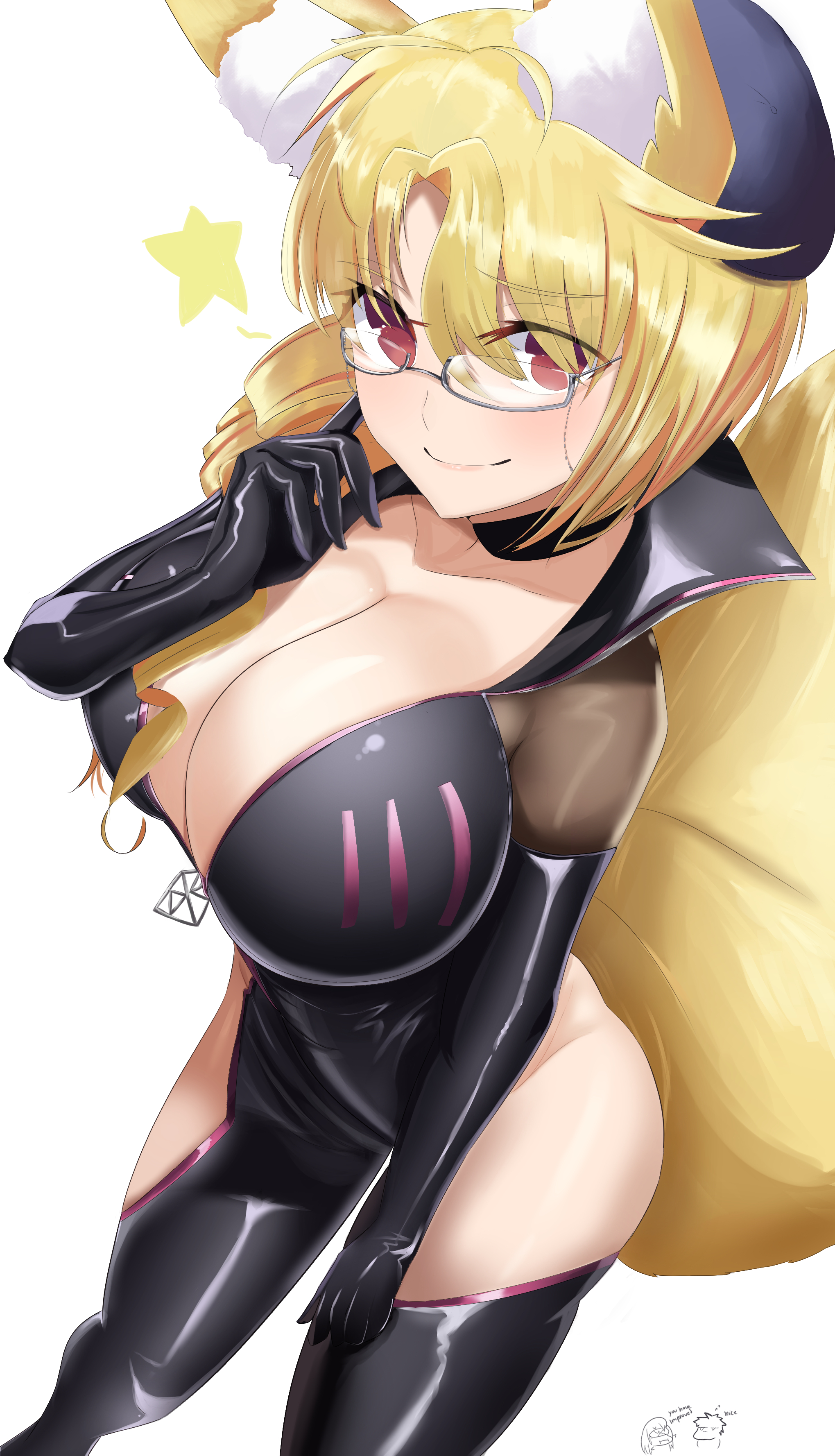 absurdres, animal ear fluff, animal ears, arcueid brunestud, black bodysuit, blonde hair, blush, bodysuit, breasts, center opening, cleavage, commentary, commission, drill hair, english commentary, eyewear strap, fate (series), fate/grand order, fate/hollow ataraxia, female, fox ears, fox girl, fox tail, glasses, grey-framed eyewear, highres, hip vent, huge breasts, koyanskaya (assassin first ascension), koyanskaya (fate), looking at viewer, lord el-melloi ii case files, luviagelita edelfelt, melty blood, open bodysuit, open clothes, red eyes, self-upload, shokobr, simple background, star (symbol), suplex, tail, tamamo (fate), tsukihime, tsukihime (remake), turtleneck, type-moon, white background, white-framed eyewear