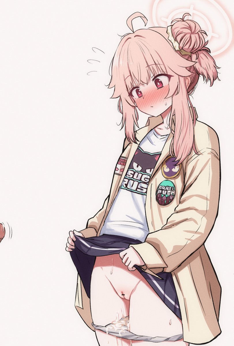 1boy ahoge bar_censor blue_archive blush censored closed_mouth clothes_lift commentary cum cum_in_clothes cum_in_panties cum_on_body cum_on_clothes cum_on_legs female flying_sweatdrops hair_bun halo highres jacket long_hair long_sleeves male mamerakkkkko natsu_(band)_(blue_archive) natsu_(blue_archive) nose_blush official_alternate_costume open_clothes open_jacket panties panty_pull penis pink_hair pink_halo pink_panties pleated_skirt pointless_censoring red_eyes shirt sidelocks simple_background single_hair_bun skirt skirt_lift solo_focus sweatdrop underwear white_background white_shirt yellow_jacket young