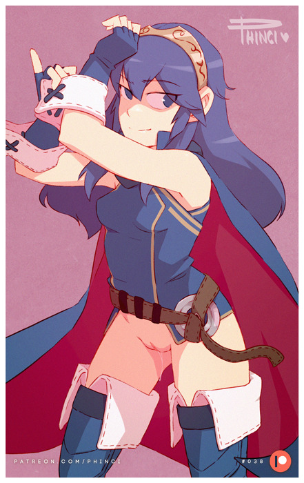 1girls adjusting_clothes adjusting_gloves alternate_costume artist_name blue_eyes blue_gloves blue_hair boots bottomless cape casual_exposure eyebrows_visible_through_hair eyes_visible_through_hair female fingerless_gloves fire_emblem fire_emblem_awakening gloves gluteal_fold long_hair looking_at_viewer lucina_(fire_emblem) nintendo no_panties no_pants phinci pink_background pussy pussy_juice pussy_juice_trail sleeveless smile solo thigh_boots thighhighs tiara