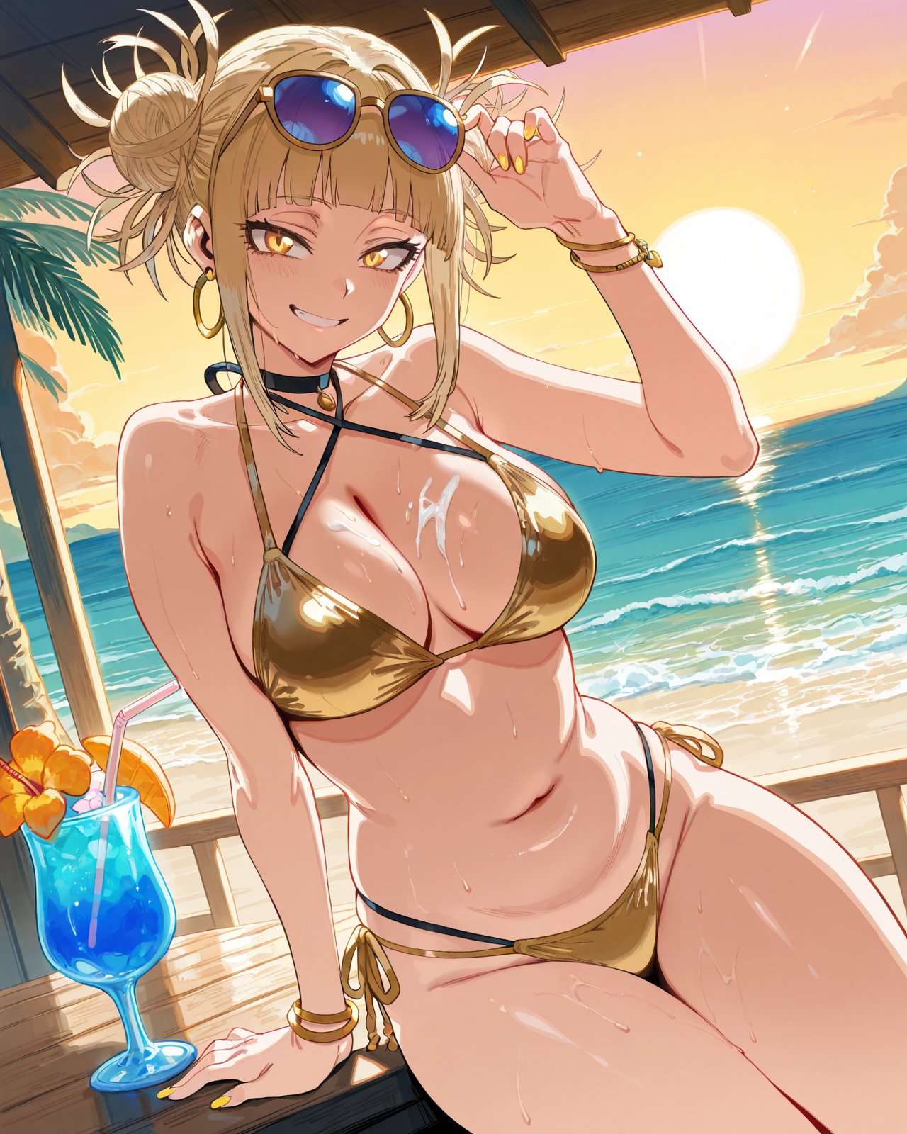 1girls, ai assisted, ai generated, beach, big breasts, bikini, blonde hair, blonde-haired female, boku no hero academia, breasts, female, female only, golden bikini, golden week, himiko toga, hodarake, looking at viewer, my hero academia, nail polish, navel, terta (artist), yellow nails