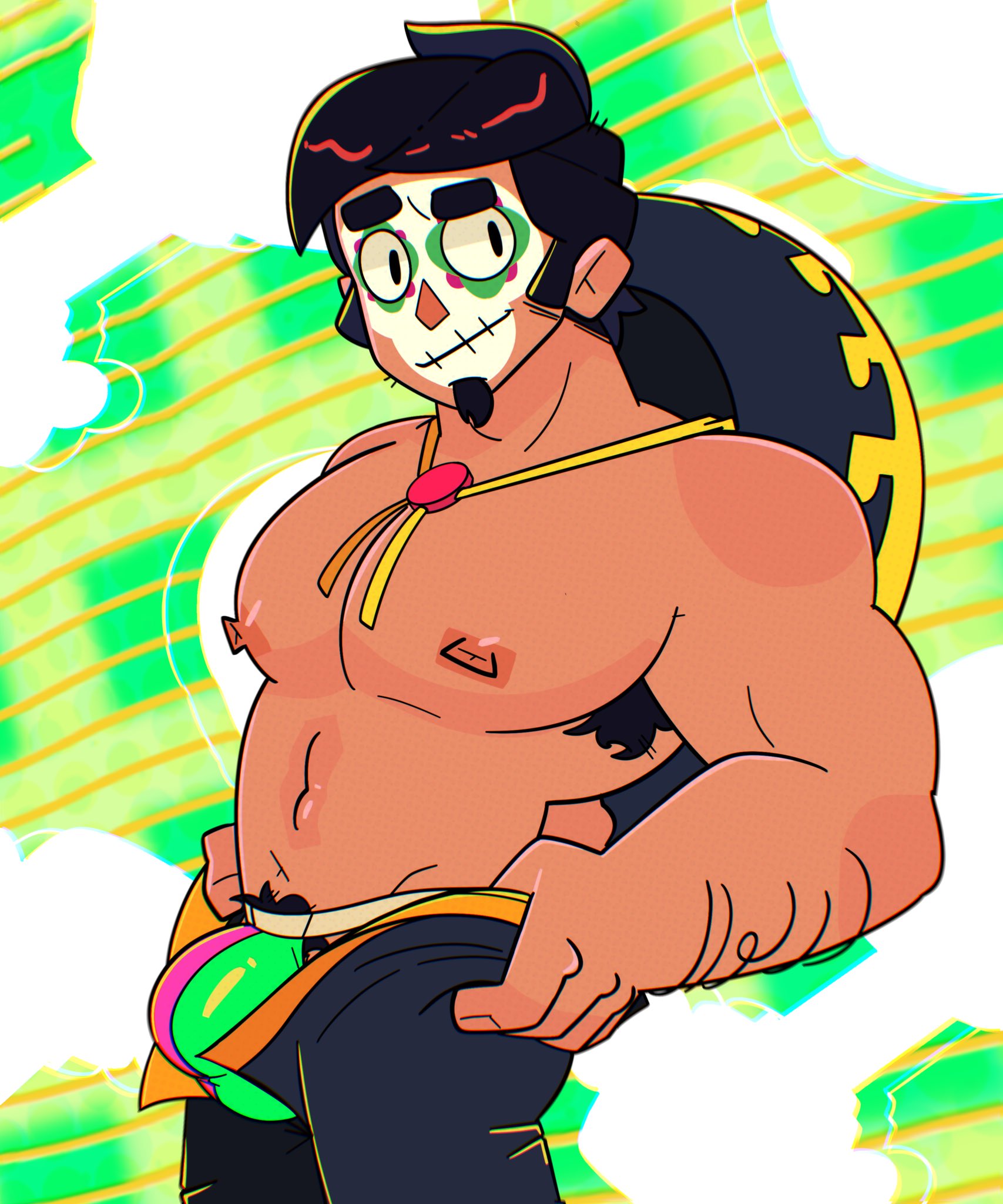 bara, big pecs, brawl stars, bulge, cody lane, exposed pecs, gay, hair, huge pecs, male, muscular, pecs, poco (brawl stars), pubic hair, solo, yaoi