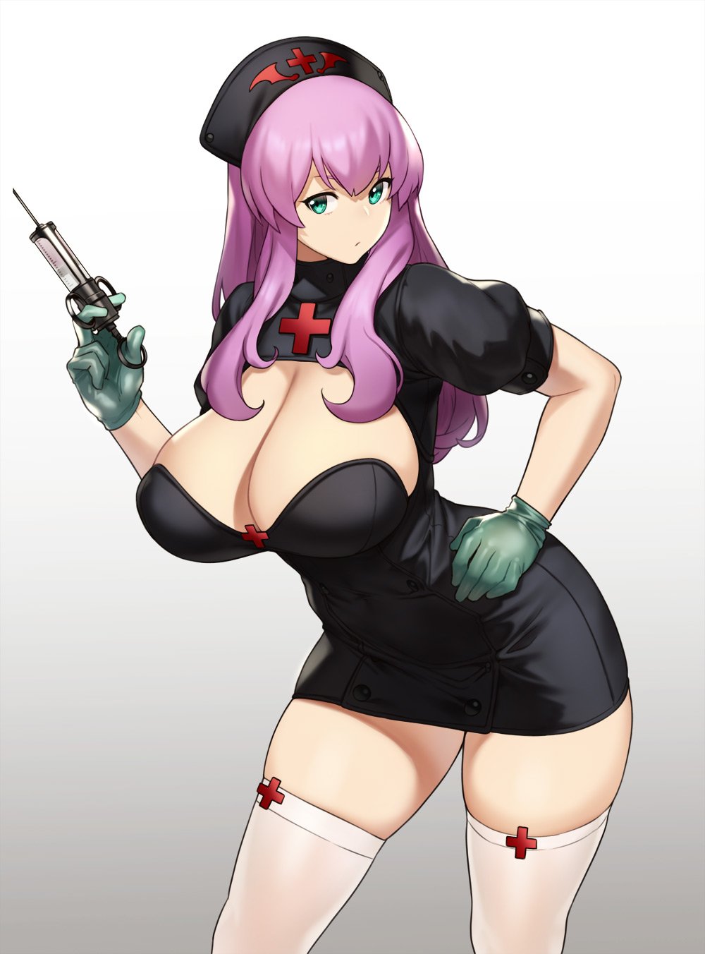 1girls, big breasts, breasts, cleavage, female, female only, gloves, houtengeki, large breasts, nurse, nurse cap, nurse uniform, solo, syringe, thighhighs