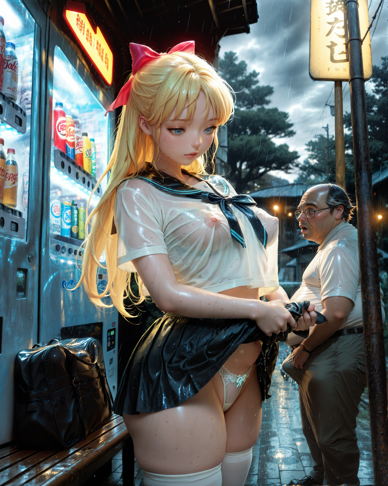 1boy, 1girls, after school, afternoon, age difference, ai generated, annoyed, armorphiss, barefoot, beard, bench, big breasts, big penis, bishoujo senshi sailor moon, blonde hair, blue eyes, blush, bottomless skirt, bow, breasts, breasts apart, bulge, bulge through clothing, circlet, clitoral hood, clitoris, clothed sex, clothing, curvaceous, curvy, double bun, embarrassed, female, functionally nude, functionally nude female, glowing, high thighs, hourglass figure, lace-trimmed panties, large breasts, lifting skirt, light skin, light-skinned female, long hair, male, malfunction, medium breasts, microskirt, minako aino, nature, nipples visible through clothing, no bra, old male, older male, older male and younger female, open mouth, orgasm, outdoors, overcast, penis, petite, pink nipples, pleasure face, pleated skirt, pubic hair, pussy, raining, revealing clothes, revealing outfit, ribbon, sailor uniform, sailor venus, school bag, school uniform, schoolgirl, see through, skindentation, skirt, slim, spread legs, straight, surprise, surprised, teenager, thong, transparent clothing, tree, twintails, uncensored, vending machine, wardrobe malfunction, wet, wet clothes, wringing clothes, wringing skirt