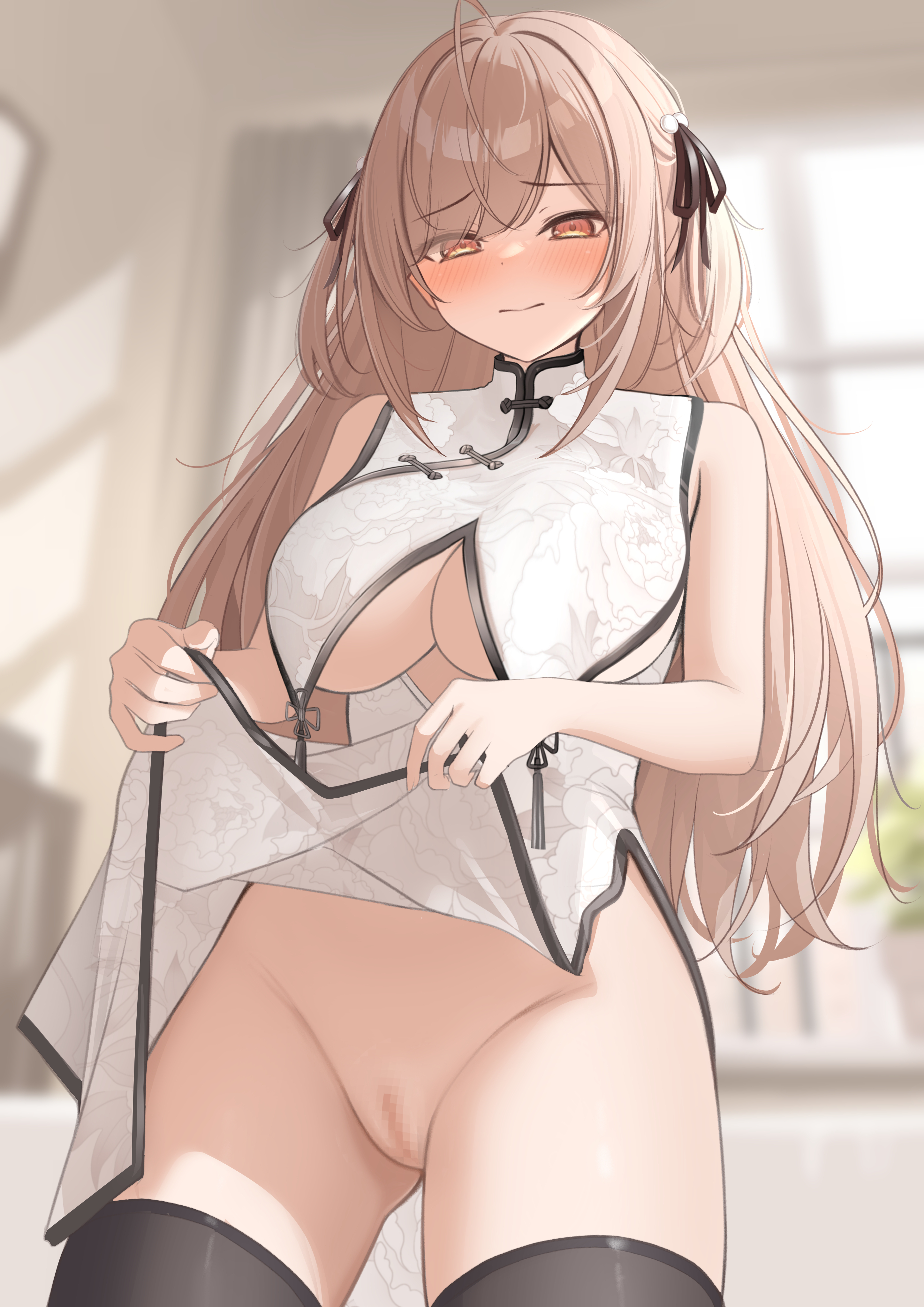 1girls, bare arms, bare shoulders, black ribbon, black thighhighs, blush, bottomless, breast curtains, breasts, brown hair, censored, censored pussy, china dress, chinese clothes, commentary request, covered navel, dress, dress lift, eyes visible through hair, female, female focus, female only, floral print, hair ornament, hair ribbon, highres, imouto-chan (monaka curl), indoors, large breasts, lifting dress, long hair, looking at viewer, monaka curl, mosaic censoring, no panties, original, pussy, ribbon, sitting, solo, thighhighs, thighs, white dress