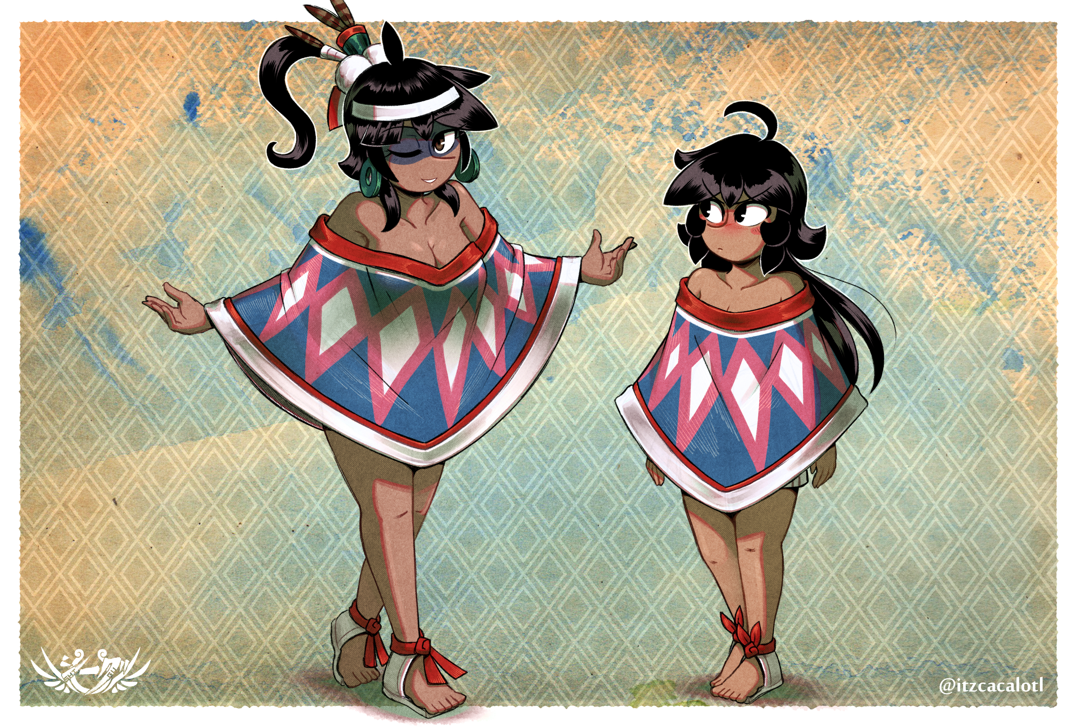 2girls, ahoge, aztec, bandana, bare shoulders, barely clothed, big breasts, black hair, blush, blush stickers, breasts, citlalmina, cleavage, codex black, come at me bro, dark skin, dark-skinned female, donaji, earrings, embarrassed, exposed legs, face paint, feathers, female, headband, height difference, long hair, loose clothes, macoatl poncho challenge, mayan, mesoamerican, no underwear, pinup, poncho, ponytail, pouting, pouty, sandals, shameless, shi-gu, signature, simple background, smiling at viewer, suggestive, teasing, thick thighs, thighs, tribal, tribal jewelry, winking at viewer
