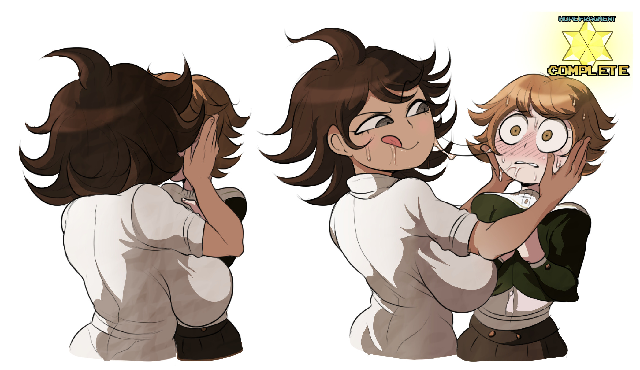 :q, 1boy, 1girls, after kiss, aged up, androgynous, assertive, assertive female, before and after, big breasts, bloxwhater, blush, blush lines, breasts, cute, cute male, danganronpa, danganronpa 2: goodbye despair, danganronpa: trigger happy havoc, dark body, dark skin, dark-skinned female, detnox, female, female focus, femboy, femboy on female, femboy with female, fujisaki chihiro, gameplay mechanics, green eyes, grey eyes, huge breasts, kiss, kissing, light skin, light-skinned male, making out, male, mature, medium hair, milf, owari akane, pale body, pale skin, pale-skinned male, saliva, saliva string, saliva trail, shocked, simple background, size difference, sloppy, sloppy kiss, tagme, tomboy, wet, wet kiss, wet mouth, white background, yellow eyes