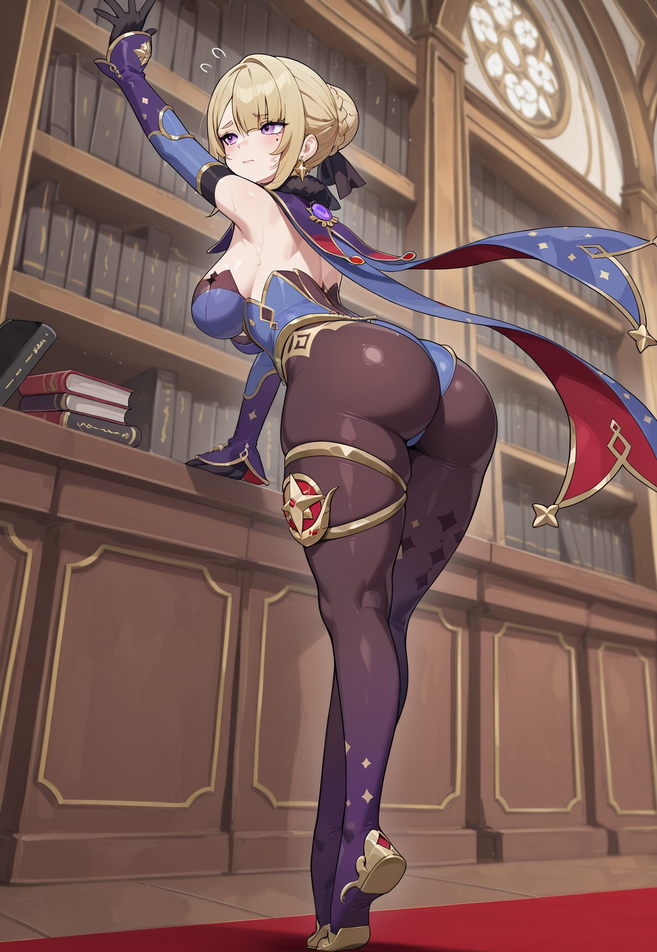 ai generated, ass, bookshelf, breasts, cosplay, evelyn chevalier, female, genshin impact, hoyoverse, huge ass, huge breasts, library, mona (genshin impact), mona (genshin impact) (cosplay), steamy, sweat, thick thighs, zenless zone zero