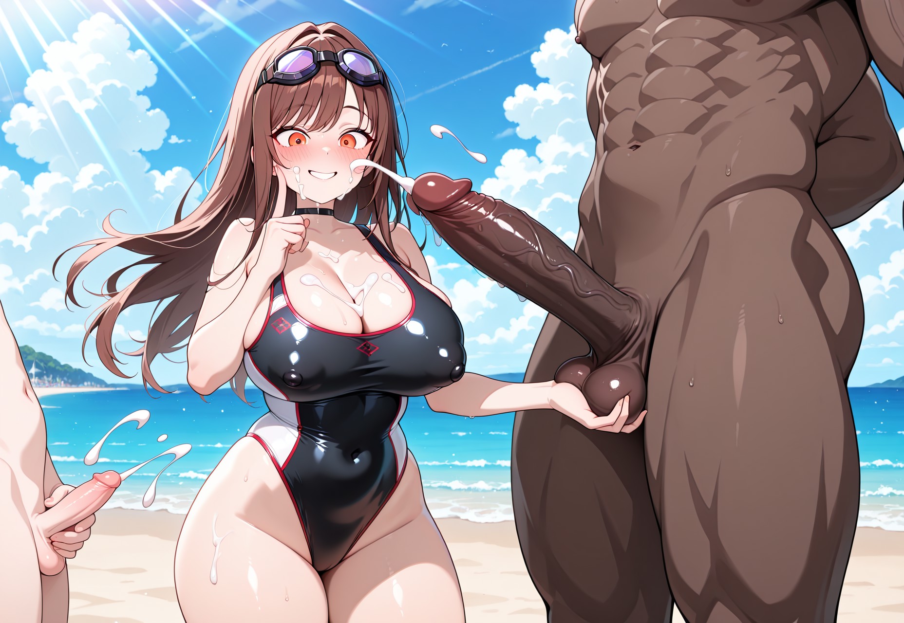1girls, 2boys, ai generated, blush, breasts, cock worship, cuckold, cum, dark skin, dark-skinned male, female, goddess of victory: nikke, interracial, large penis, light skin, light-skinned male, looking at penis, male, netorare, ntr, penis, penis awe, penis size comparison, penis size difference, rapi (classic vacation) (nikke), rapi (nikke), self upload, size comparison, size difference, small penis, small penis humiliation, smile, tagme, tiny penis