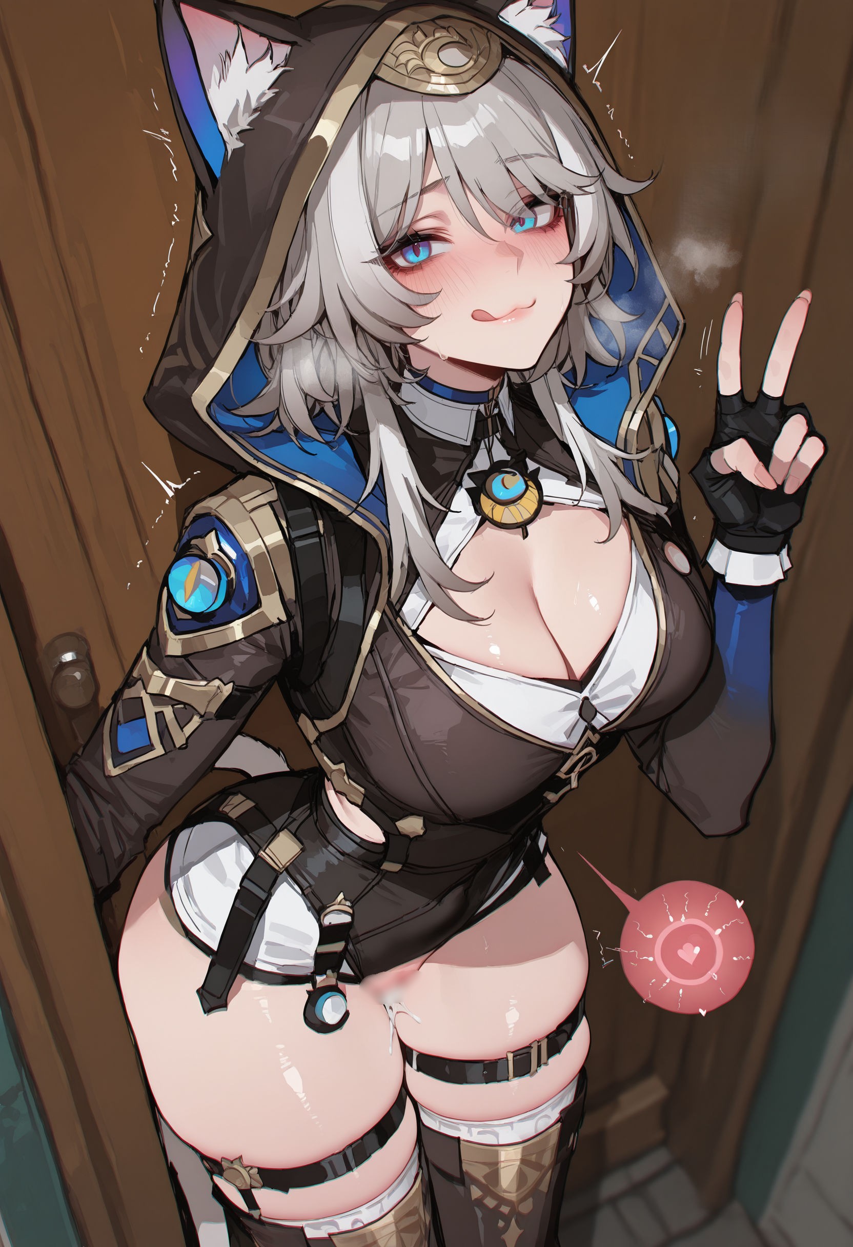 :d, 1girls, ai generated, cat ears, cat girl, catgirl, censored, cipher (honkai: star rail), cum, cumdrip, female, fertilization, honkai: star rail, looking at viewer, riahri, solo, trembling, v