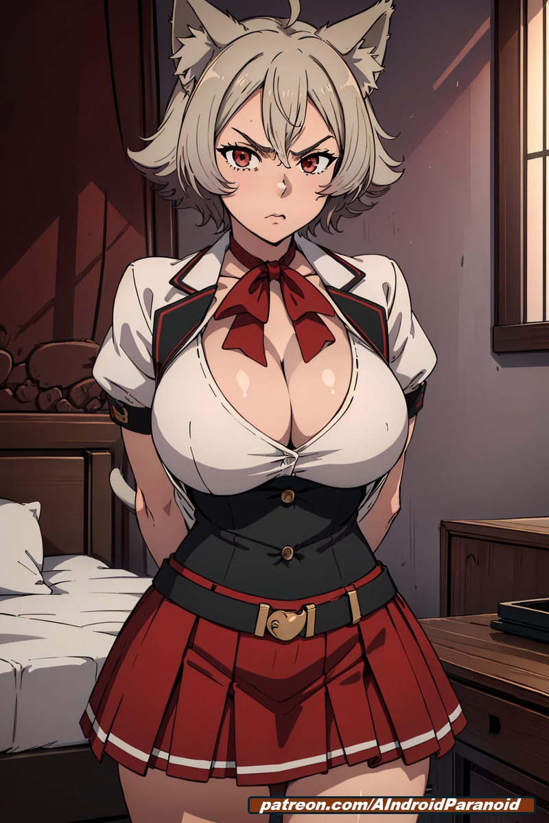 ai_generated aindroidparanoid angry ass big_ass big_breasts big_butt breasts cat_ears cat_girl gray_hair hourglass_figure huge_breasts indoors jacket large_ass large_breasts linia_dedoldia mushoku_tensei narrow_waist red_eyes school_uniform short_hair skirt stable_diffusion