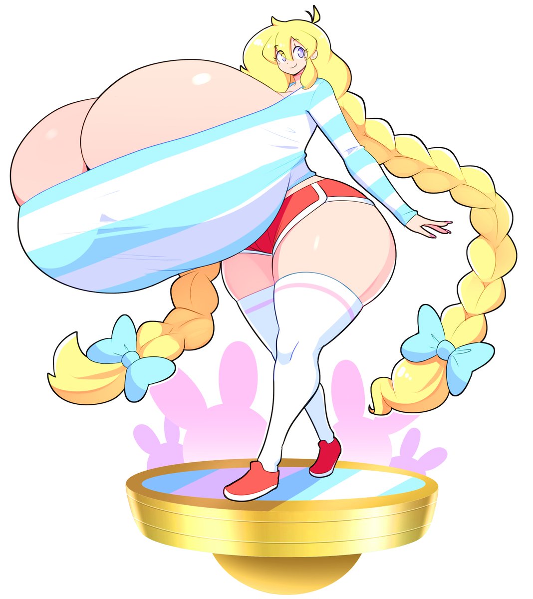 blonde_hair cassie_(theycallhimcake) hyper hyper_breasts podium ponytail ribbon shoes smile stretched_clothing theycallhimcake thick_thighs