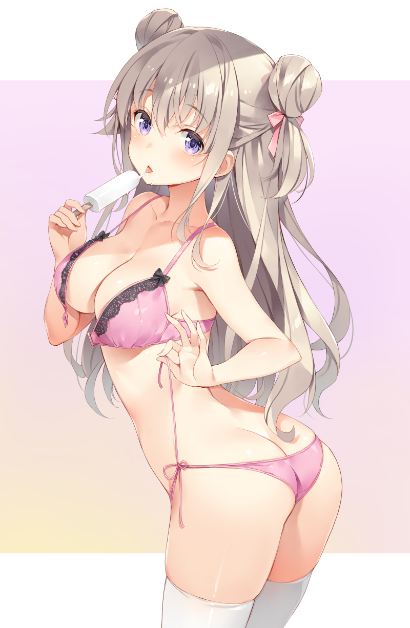 arched_back ass back bare_back bare_belly bare_breasts bare_shoulders big_breasts blush body_blush bra breasts butt_crack cleavage collarbone double_bun front-hook_bra grey_hair lace-trimmed_bra licking_popsicle long_hair open_bra open_mouth otona_no_moeoh panties pink_bra pink_panties popsicle purple_eyes shiny_skin thighhighs thighs tongue_out underwear underwear_only white_thighhighs yuuki_hagure