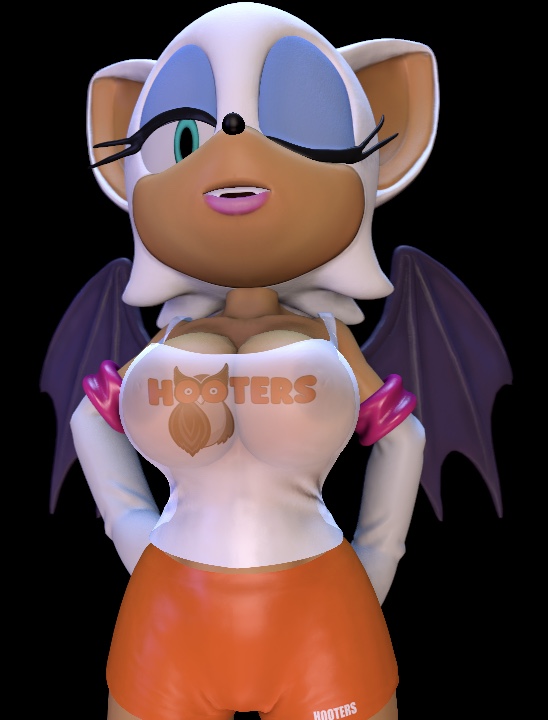 1girls 3d 3d_model anthro female female_only furry furry_only hooters hooters_uniform mobian mobian_(species) mobian_bat rouge_the_bat sega solo sonic_(series) sonic_adventure_2 sonic_the_hedgehog_(series) wet_shirt winking