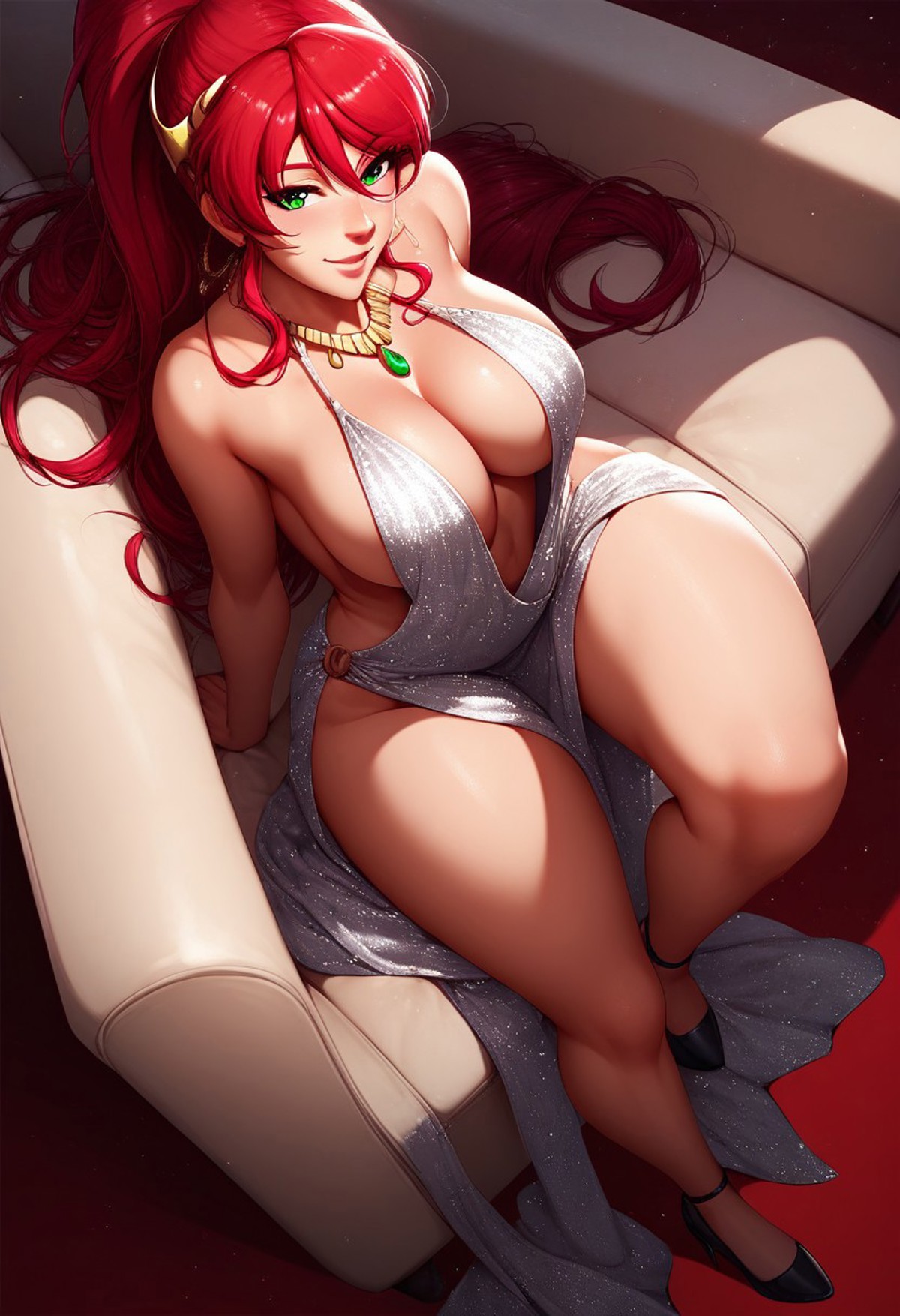 1girls, ai generated, big breasts, breasts, dress, female, female only, green eyes, high heels, high ponytail, long hair, necklace, ponytail, pyrrha nikos, red hair, rwby, shiny hair, shiny skin, silver dress, tagme, thick thighs