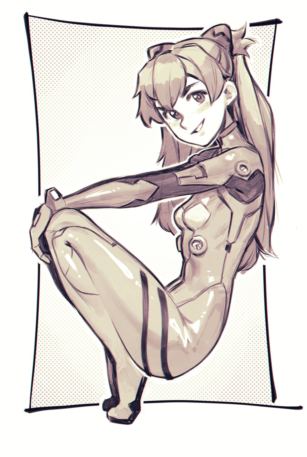 1girls asuka_langley_sohryu bodysuit clothed clothing color effyneprin female female_focus female_only flat_chest freckles freckles_on_face hi_res kneeling light-skinned_female light_skin long_hair looking_at_viewer monochrome neon_genesis_evangelion plugsuit red_hair science_fiction sineprin skin_suit skin_tight skinsuit small_breasts small_waist solo solo_female suit tagme tiptoes twintails