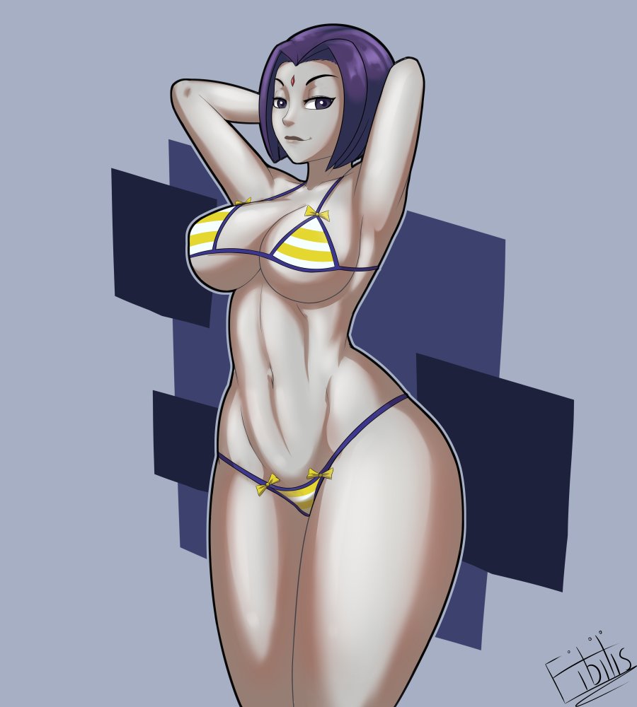 1girls, alternate color, armpits, arms behind head, arms up, big breasts, bikini, breasts, cleavage, dc, dc comics, female, female only, fibilis, grey skin, grinninapple, looking at viewer, purple eyes, purple hair, rachel roth, raven (dc), short hair, smile, solo, teen titans, thick thighs, wide hips