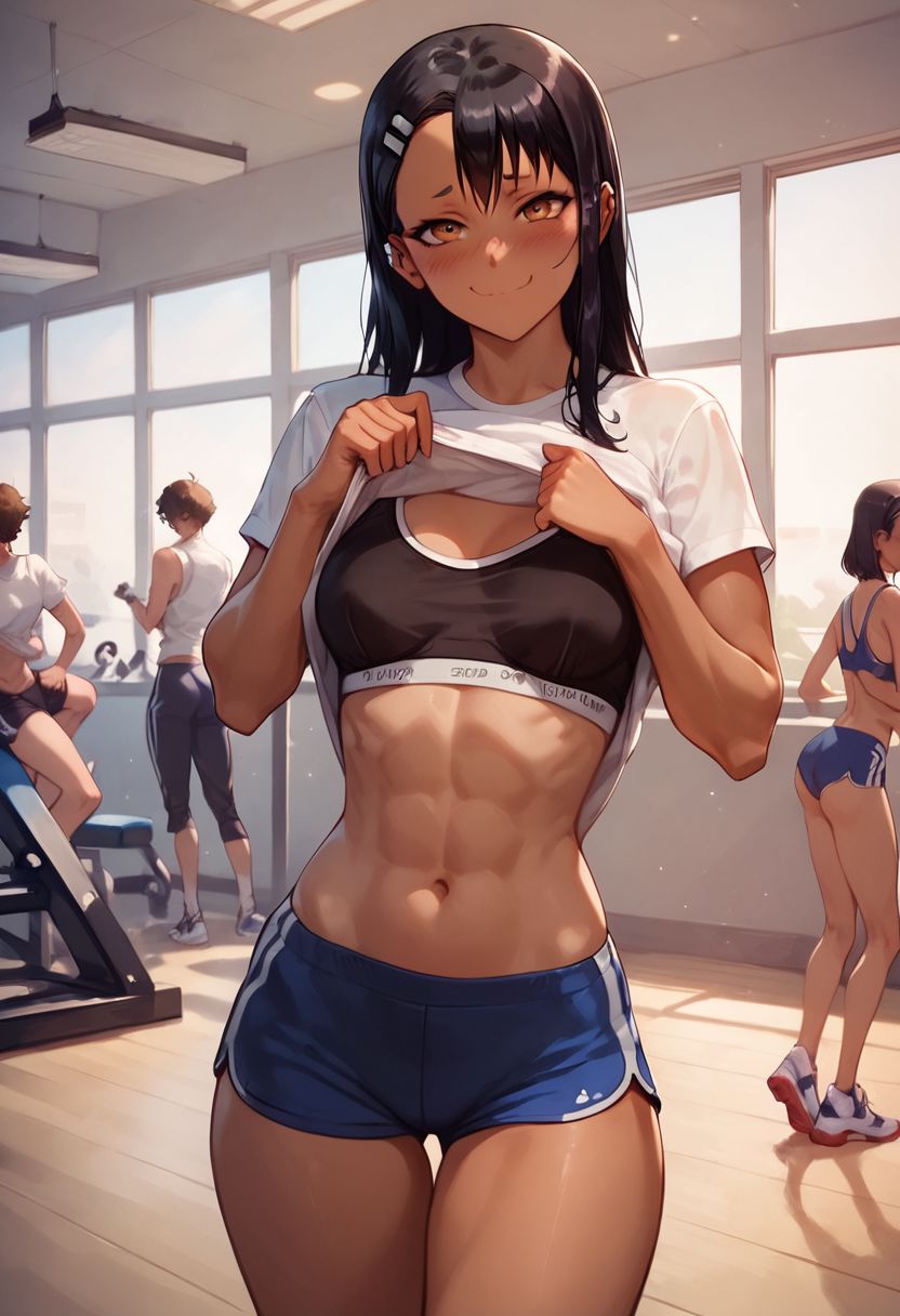 1girls abs ai_generated athletic_female background_characters female fit_female flashing gym_uniform hayase_nagatoro human masomelon please_don't_bully_me,_nagatoro shirt_lift solo_focus sports_bra