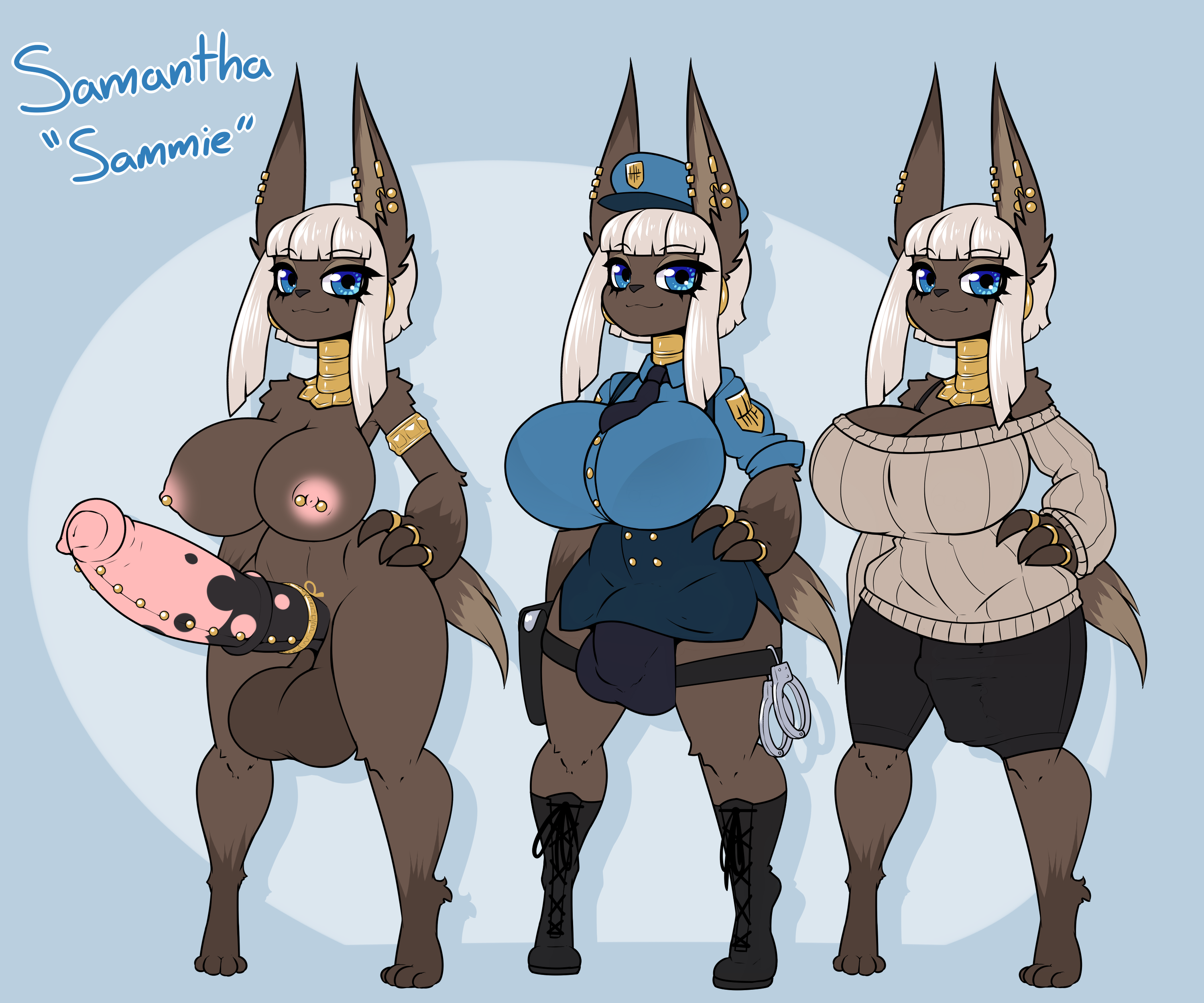 1futa, absurd res, animal genitalia, animal penis, anthro, anubian jackal, balls, big breasts, big penis, blue eyes, breasts, brown fur, bulge, canine, cleavage, clothed, clothing, cock ring, dickgirl, equine penis, erection, frenum piercing, fur, furry, futanari, genital piercing, hi res, horsecock, huge cock, intersex, jackal, limebreaker, looking at viewer, mammal, nipple piercing, nipples, off/on, original, penis, penis outline, penis piercing, piercing, sammie (limebreaker), shortstack, solo