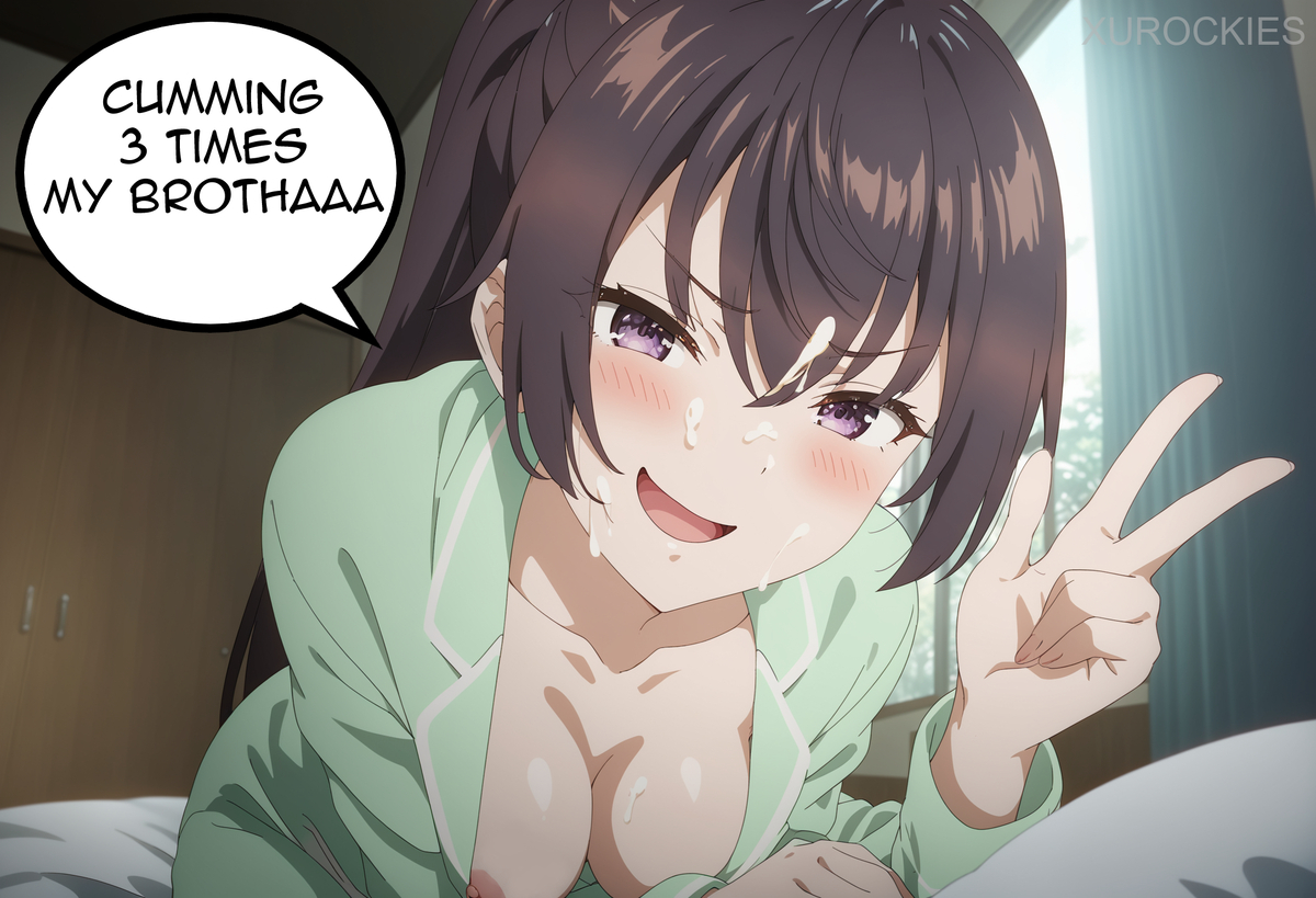 ai generated, big breasts, breasts, brother and sister, brown hair, cowgirl position, cum on breasts, cum on face, erection, female, incest, naughty face, nipples, pajamas, ponytail, pov, purple eyes, suou yuki, tokidoki bosotto russian de dereru tonari no alya-san, xurockies
