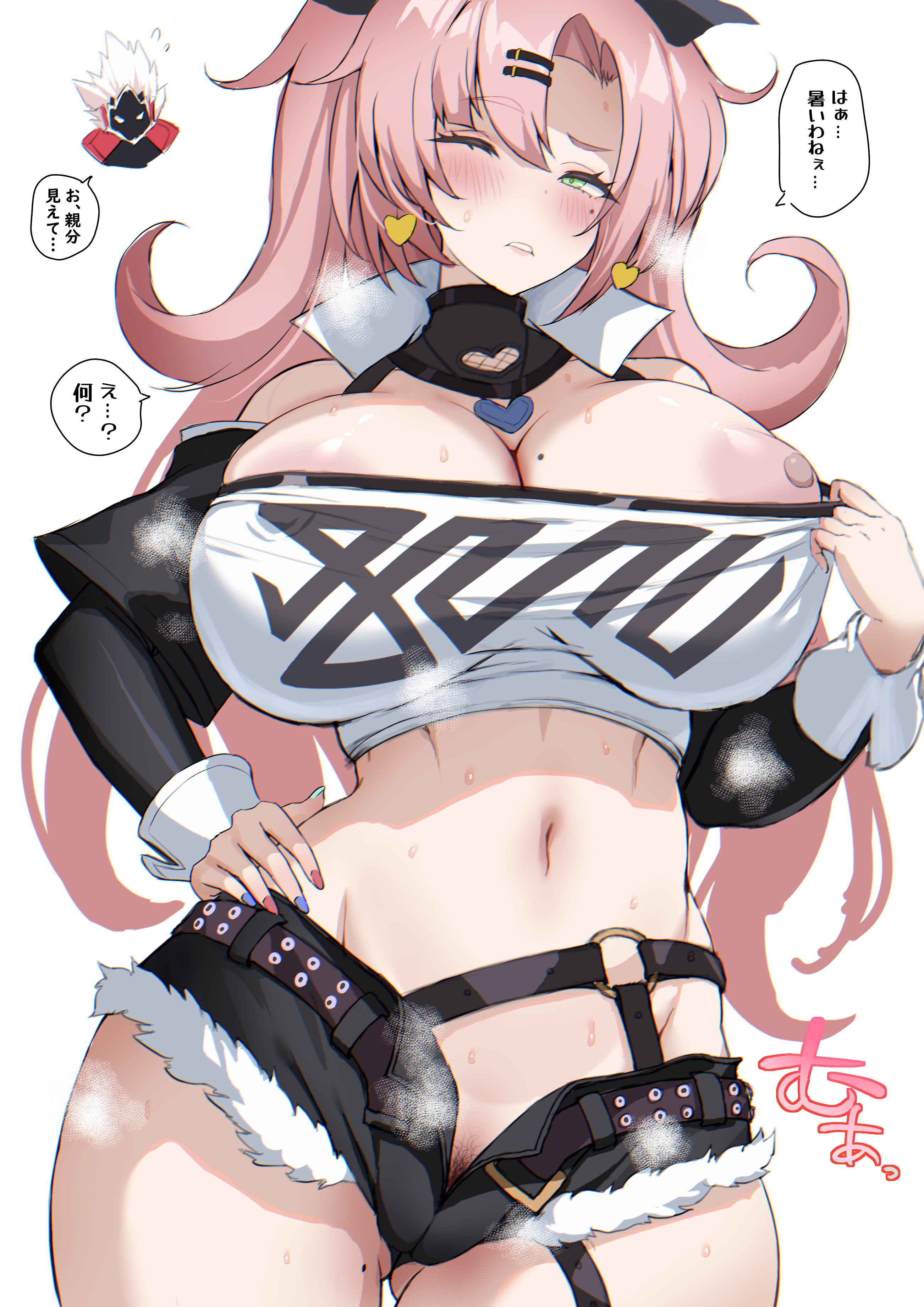 1girls, ariso kaoru, billy kid (zenless zone zero), booty shorts, breasts, female, female pubic hair, fur-trimmed shorts, green eyes, hips, huge breasts, light skin, light-skinned female, long hair, midriff, nicole demara, nipples, pink hair, pubic hair, short shorts, shorts, tank top, thick thighs, thighs, wide hips, zenless zone zero