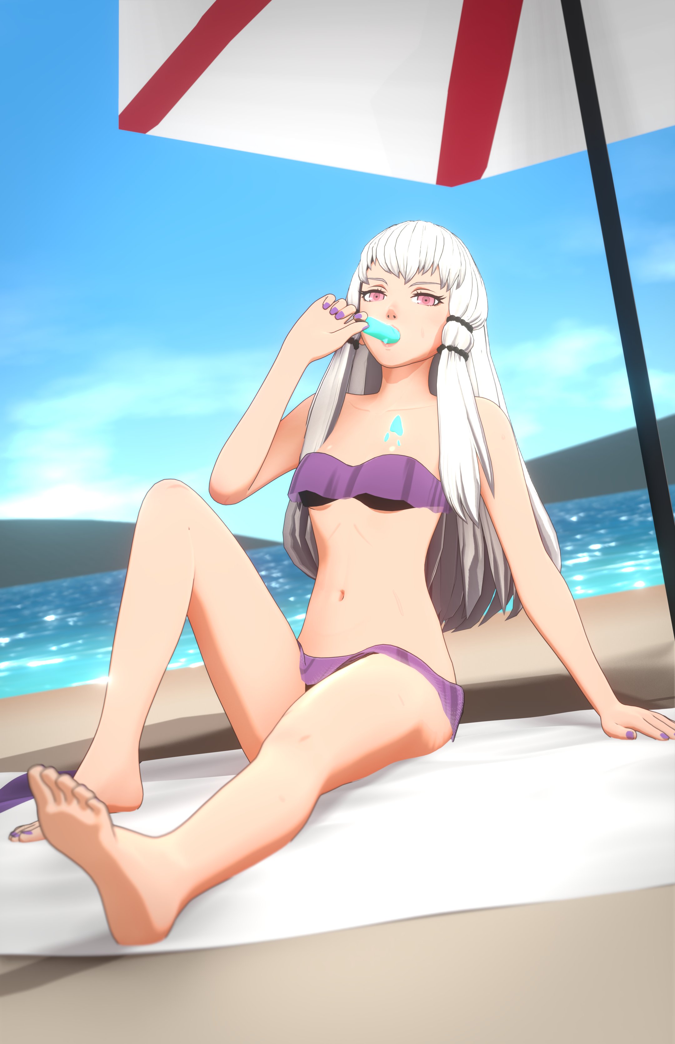 1girls, 3d, alternate costume, bare arms, bare legs, bare midriff, bare shoulders, barefoot, beach, bikini, breasts, collarbone, female, female only, fire emblem, fire emblem: three houses, food, food play, legs, long hair, looking at viewer, lysithea von ordelia, midriff, nail polish, nintendo, ocean, on towel, outdoors, overused23, parasol, pink eyes, popsicle, purple bikini, purple nails, purple swimsuit, seductive, shoulders, sitting, small breasts, solo, suggestive food, swimsuit, towel, umbrella, very long hair, white hair