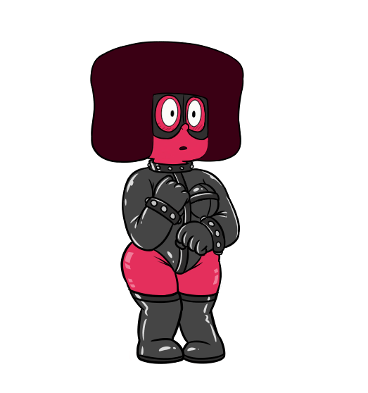 anonymous_artist bdsm_outfit bodysuit cartoon_network domino_mask gem_(species) leather leather_bodysuit ruby_(steven_universe) shortstack steven_universe studded_bracelet studded_collar