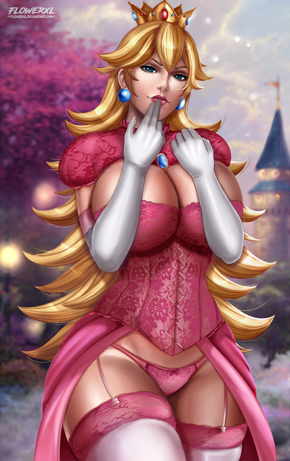 blonde hair, breasts, cleavage, elbow gloves, female, female only, flowerxl, garter belt, gloves, huge breasts, looking at viewer, mario (series), nintendo, panties, princess peach, solo, thighhighs