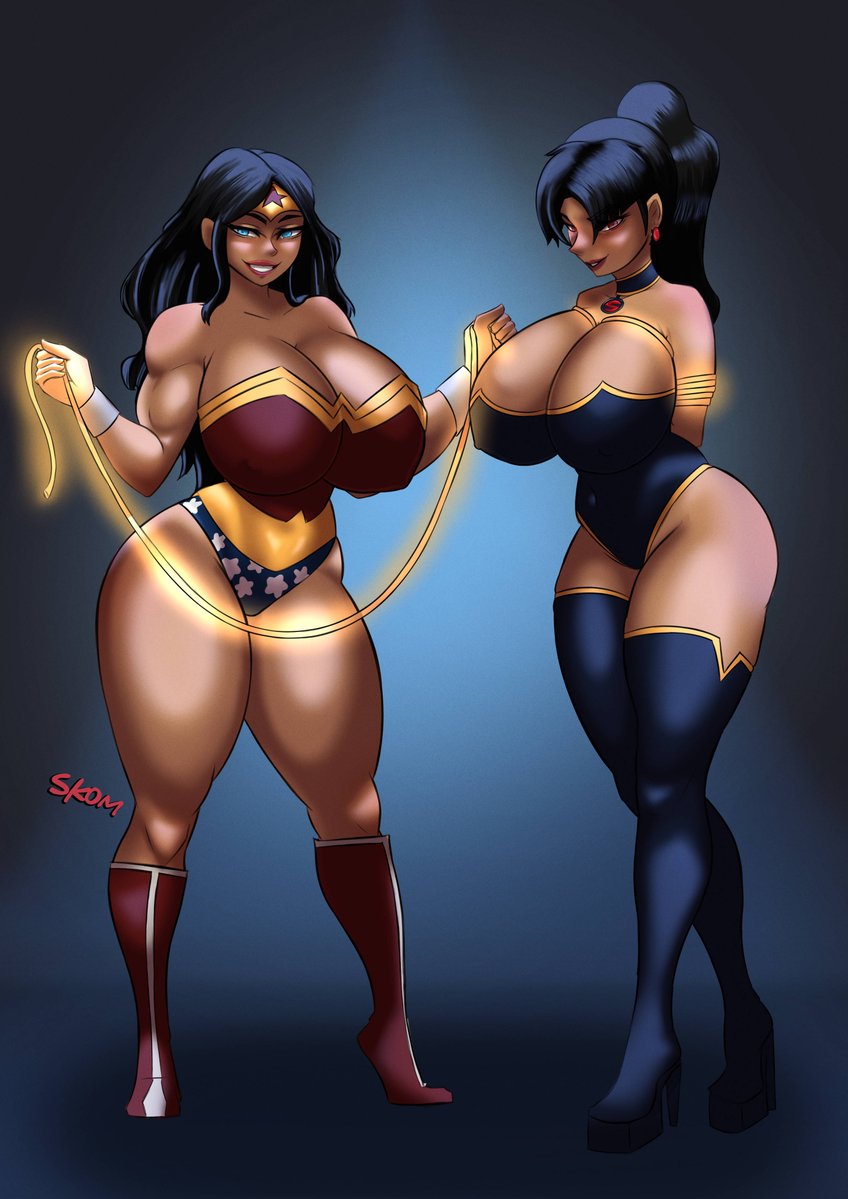 2girls amazon big_breasts black_hair bondage clothed dc_comics female_only femsub lasso_of_truth leotard multiple_girls skin_tight skom_(artist) superwoman thick_thighs wide_hips wonder_woman