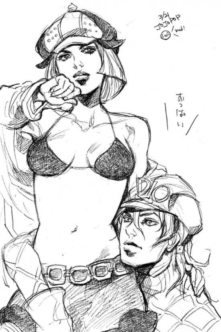 1girls, bangs, bikini top, black bikini top, breasts, bud (korovsme), cleavage, clothing, diego brando, female, fully clothed, hot pants (jjba), human, japanese text, jojo's bizarre adventure, monochrome, rough sketch, short hair, shounen jump, sketch, steel ball run, text