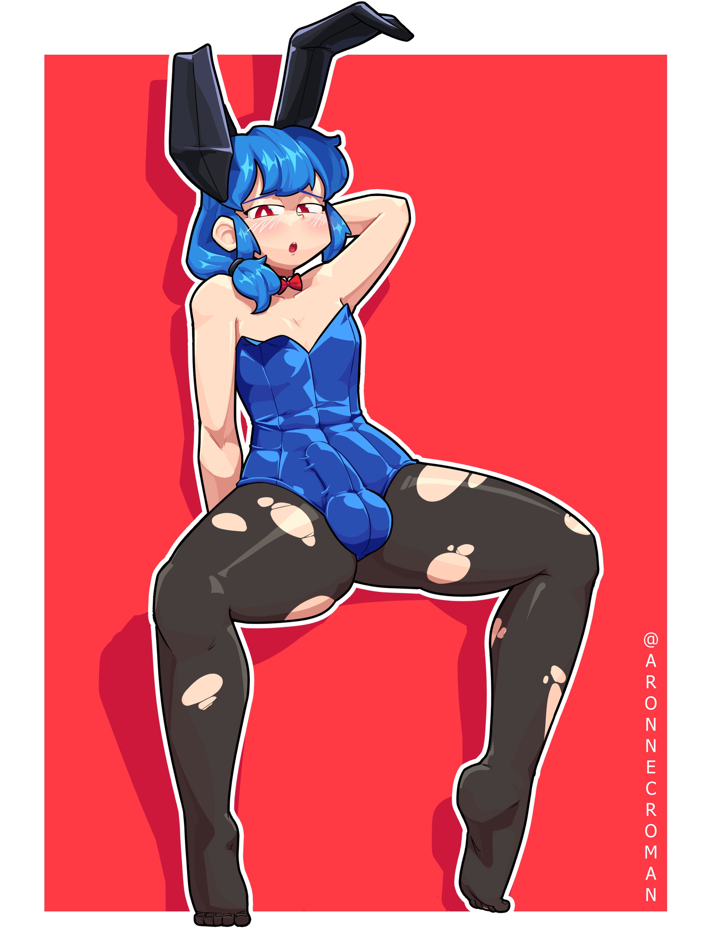 1boy, aronnecroman, blue hair, bulge, bunnysuit, erection under clothes, femboy, gay, genderswap, genderswap (ftm), male, male only, red eyes, rule 63, tenshi hinanawi, touhou, twink