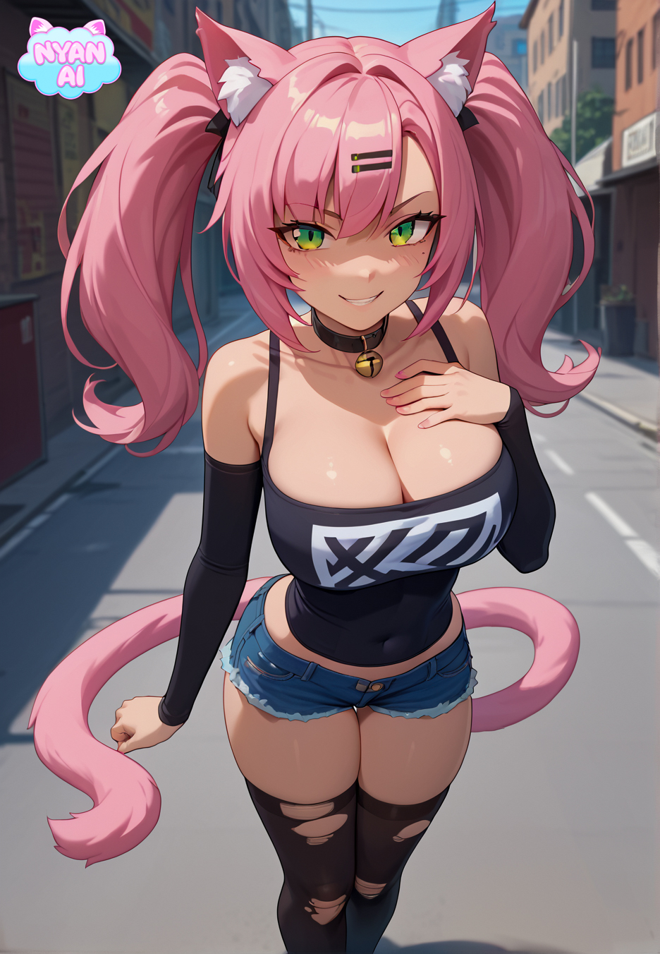 2d ai_generated athletic bell_collar big_breasts breasts cat_ears cat_girl catgirl catgirl_tail chocker city city_background cityscape cleavage cosplay crop_top curvaceous_figure curvy_female female female_focus fit_female front_view girl green_eyes hairclip hentai hoyoverse huge_breasts humanoid jean_shorts mature_female mature_woman midriff mole neko nicole_demara nyan_ai nyanai outfit outside pink_hair pose ripped_clothing ripped_cloths ripped_leggings ripped_pants ripped_pantyhose ripped_shorts ripped_stockings sfw shiny_skin shy smile smirk smirking smirking_at_viewer solo standing_female stomach tail thighs twintails twintails_(hairstyle) uncensored video_game video_game_character video_games voluptuous voluptuous_female white zenless_zone_zero