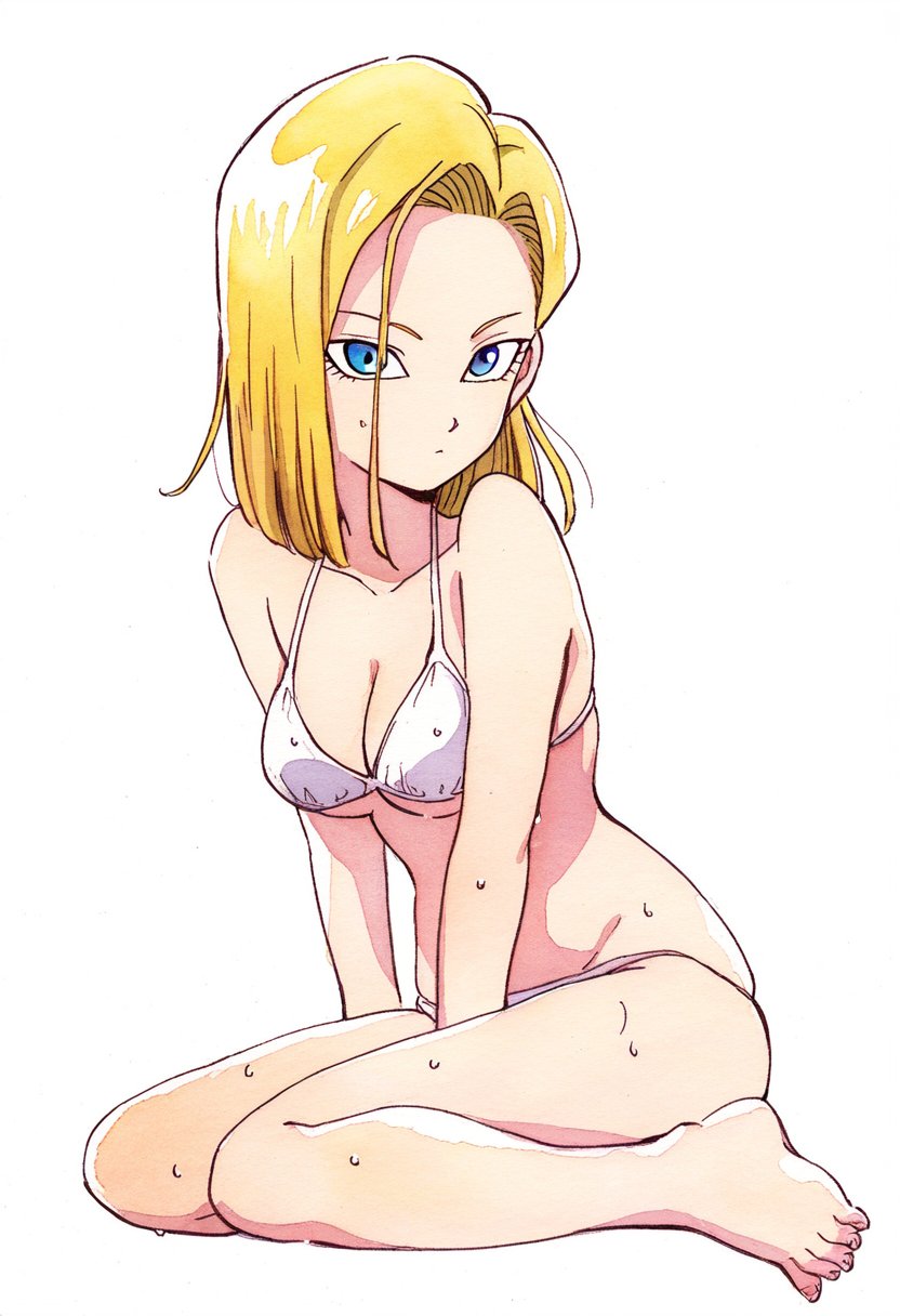 ai_generated android_18 ass_visible_through_thighs bare_arms bare_belly bare_legs bare_shoulders bare_thighs barefoot big_breasts bikini blonde_hair blue_eyes breasts cleavage closed_mouth collarbone dragon_ball feet jei_games short_hair sitting thighs toes underboob wet_body white_bikini