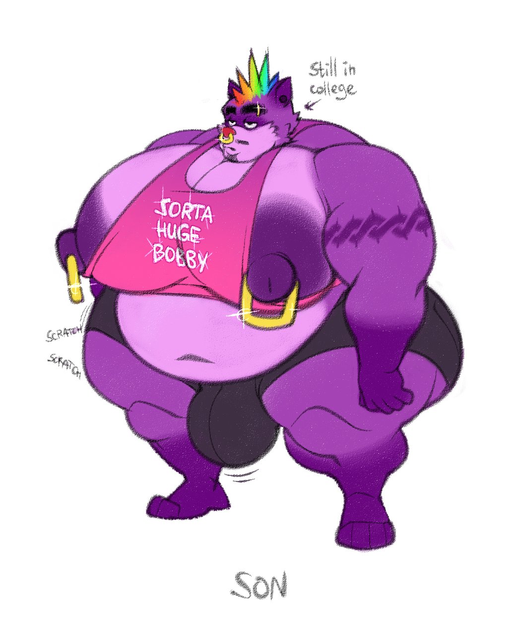 1boy big_breasts big_bulge bobthetanuki extrasizedbob huge_breasts huge_nipples male male_only nipple_rings rainbow_hair solo solo_male