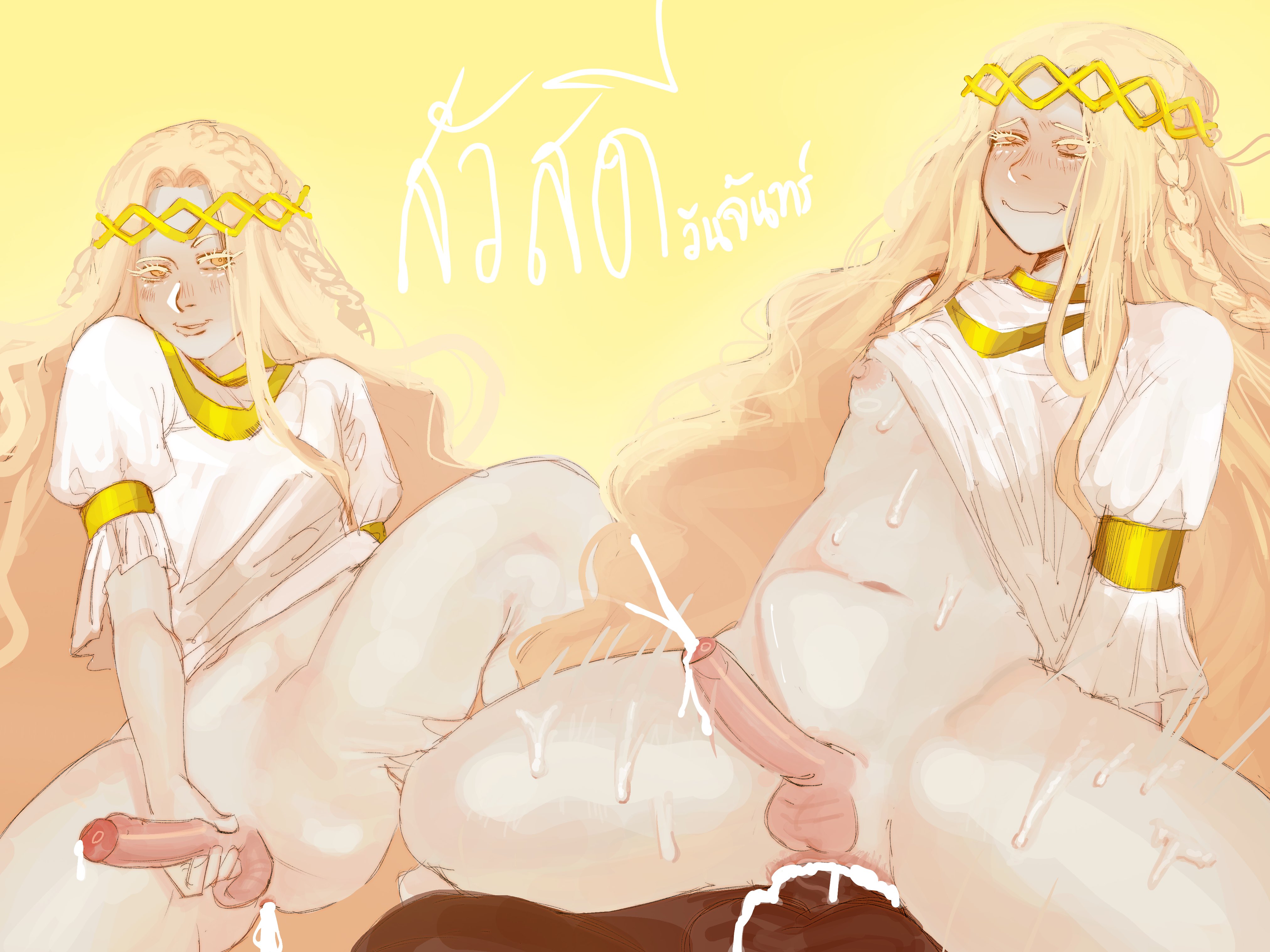 1boy, blonde hair, cum, cumshot, elden ring, femboy, femboy only, fromsoftware, handjob, lahoiy, male, male only, masturbation, miquella, shadow of the erdtree