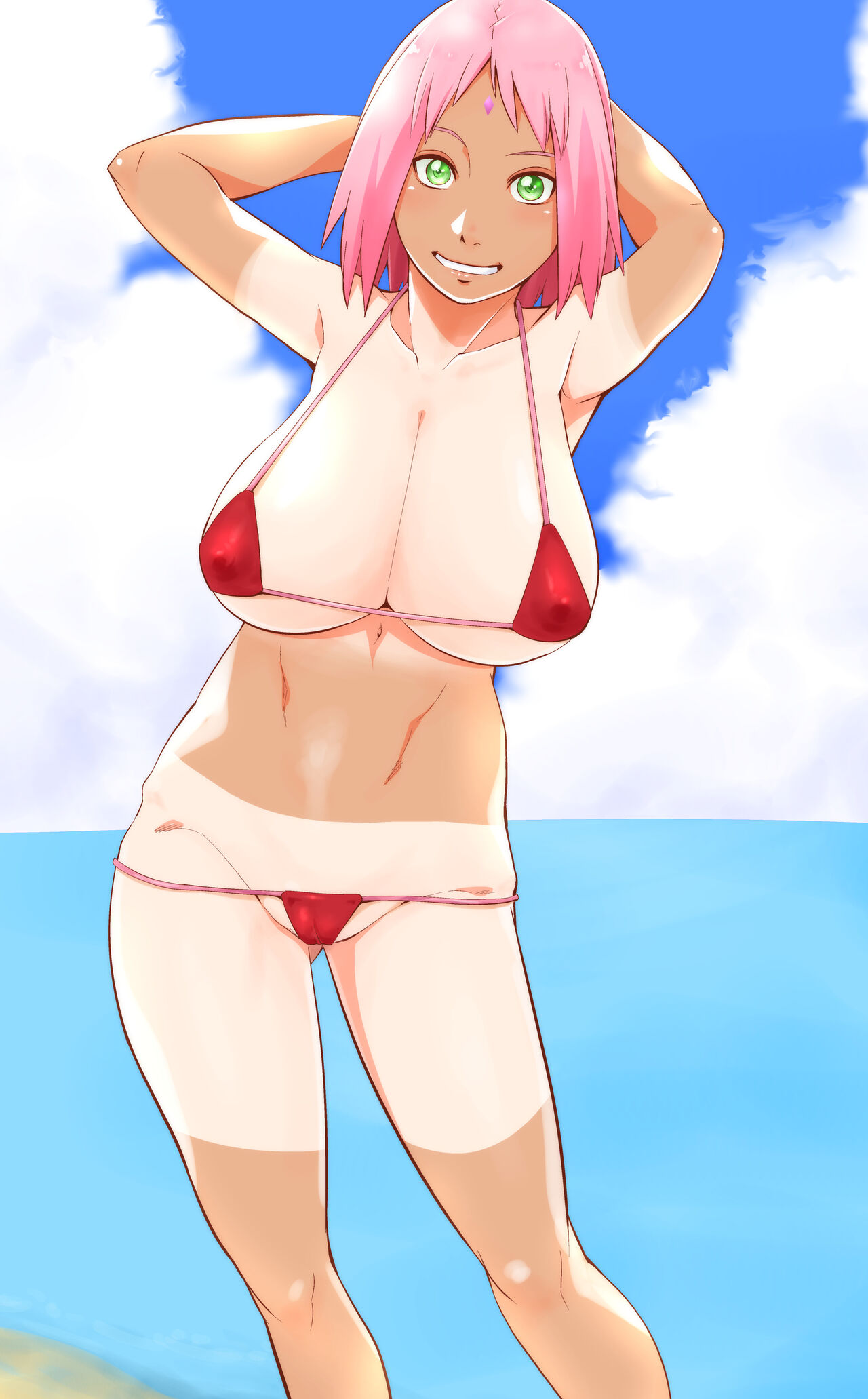 1girls 2d armpits arms_behind_head bikini breasts cleavage closed_mouth covered_erect_nipples female female_focus full_color green_eyes grin huge_breasts lowleg lowleg_bikini naruto naruto_(series) naruto_shippuden navel no_penetration panties pink_hair sakura_haruno short_hair smile solo solo_female source_request sunahara_wataru swimsuit tan tanline underwear