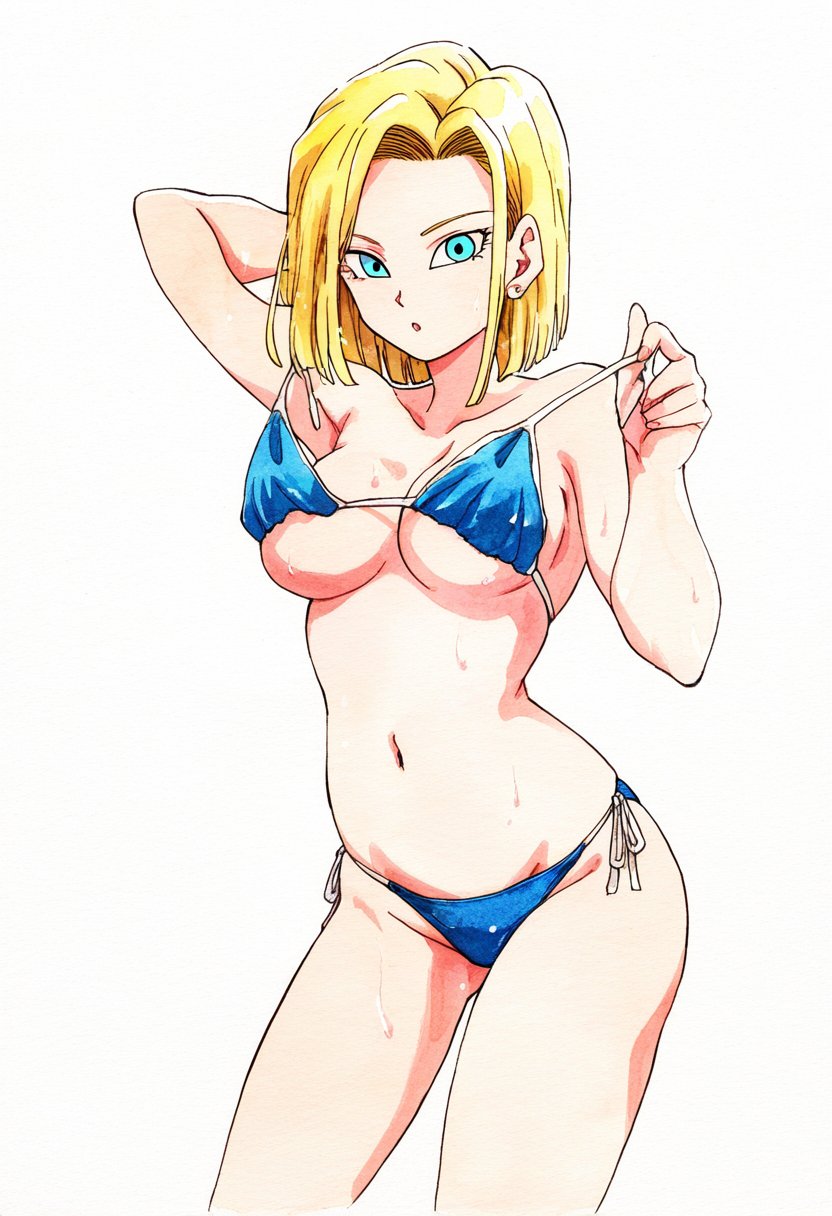 ai_assisted ai_generated android_18 arm_behind_back armpits ass_visible_through_thighs bare_arms bare_belly bare_legs bare_shoulders bare_thighs belly_button big_breasts bikini bikini_top_pull blonde_hair blue_bikini blue_eyes breasts cleavage collarbone dragon_ball earrings groin holding_strap jei_games open_mouth short_hair side-tie_bikini_bottom sideboob thighs underboob wet_body