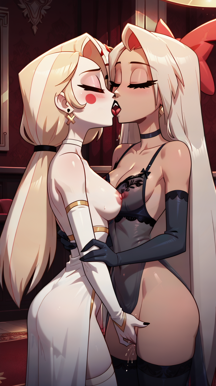 2girls ai_generated ass bare_breasts blonde_hair blush bridal_gauntlets charlie_morningstar_(hazbin_hotel) choker closed_eyes colored_skin dark_skin deep_kiss deep_kissing detached_sleeves earrings fingering_partner fingering_pussy gehenna_fusion(model) hairbow hazbin_hotel holding_waist hotel indoors kissing lesbian_kiss long_hair marusame nipples pubic_hair pussy see-through_clothing see-through_dress shiny_skin stable_diffusion thighhighs vaggie_(hazbin_hotel) white_skin yuri