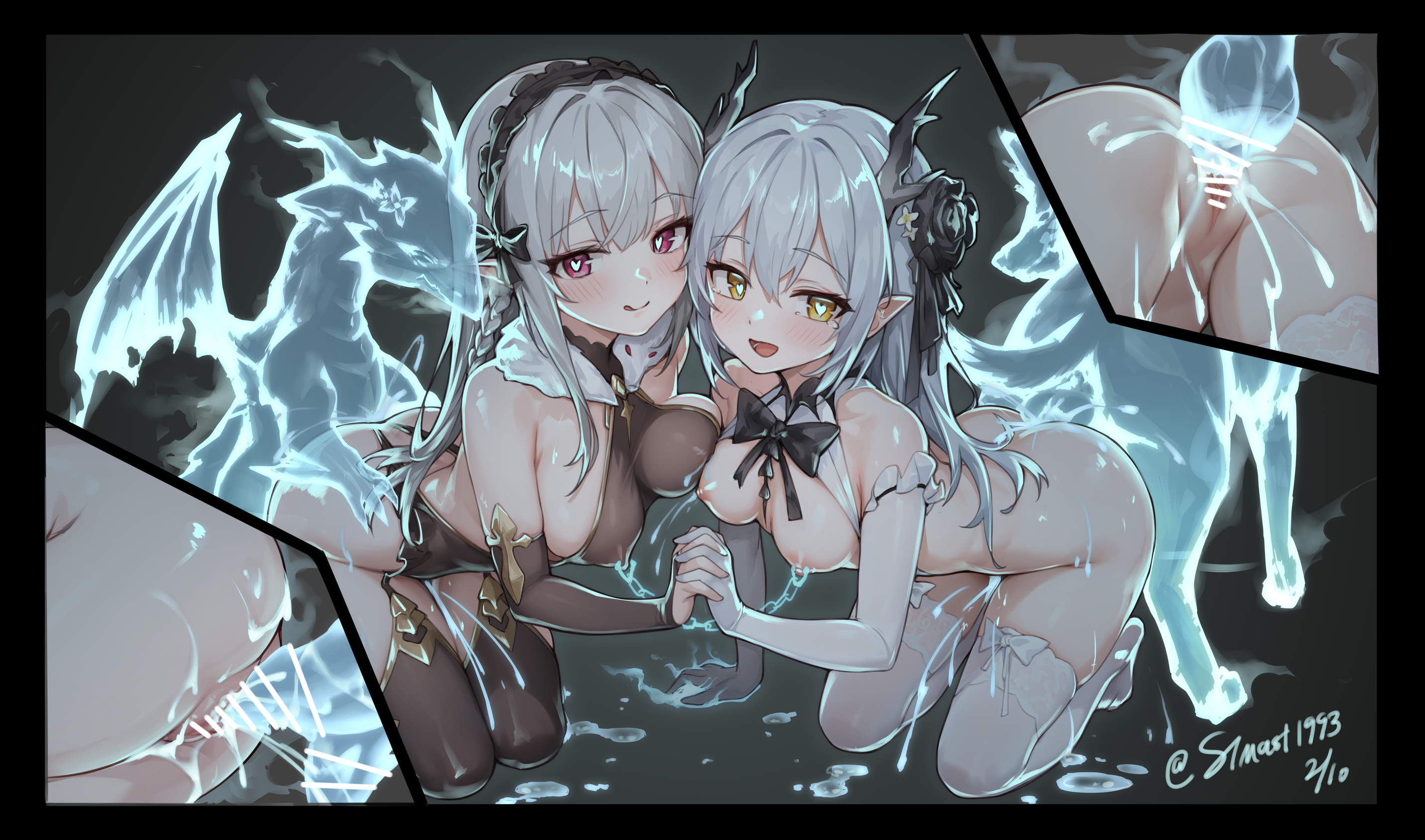 :d, :q, 2girls, ass, ass-to-ass penetration, bar censor, bent over, black bow, black bowtie, blush, bow, bowtie, breasts, bright pupils, brown thighhighs, censored, clothed sex, commentary request, cum, dracophilia, dragon, dragon girl, dragon horns, fascinator, frilled hairband, frills, group sex, hairband, happy sex, heart, heart in eye, highres, horns, kneeling, medium breasts, multiple girls, nipple chain, open mouth, red eyes, rimworld, sex, small breasts, small dom big sub, smile, spirit, stmast, stmaster, symbol in eye, thighhighs, tongue, tongue out, vaginal penetration, white pupils, white thighhighs, yellow eyes, zoophilia