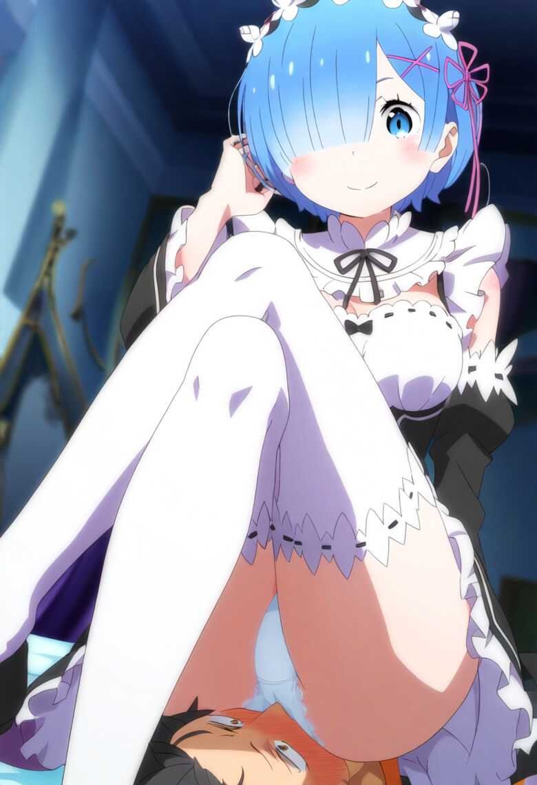 1boy, 1girls, ai generated, blue eyes, blue hair, blush, cute, facesitting, female, legs crossed, maid, maid uniform, male, natsuki subaru, panties, re:zero kara hajimeru isekai seikatsu, rem (re:zero), smiling, white panties